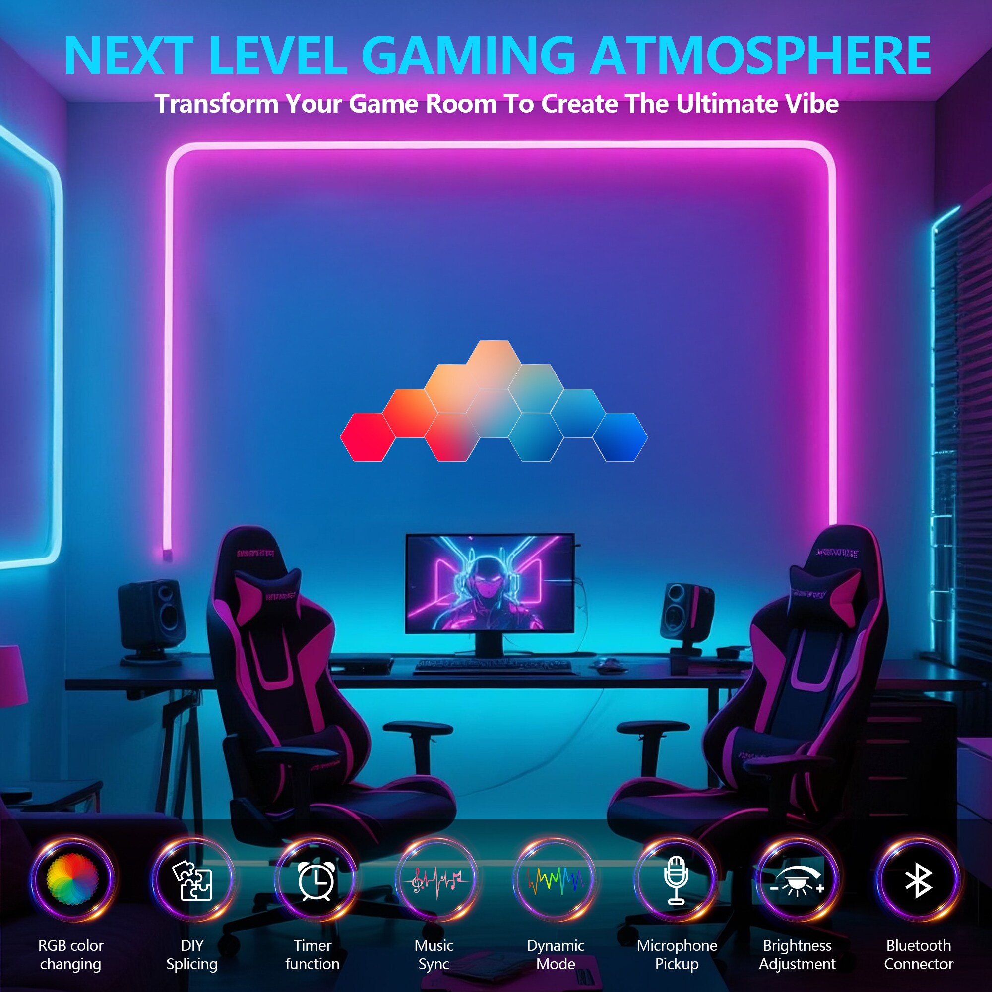 GDFStudio Hexagon Lights 10 Pack LED Wall Panels RGB Gaming Lights with ...