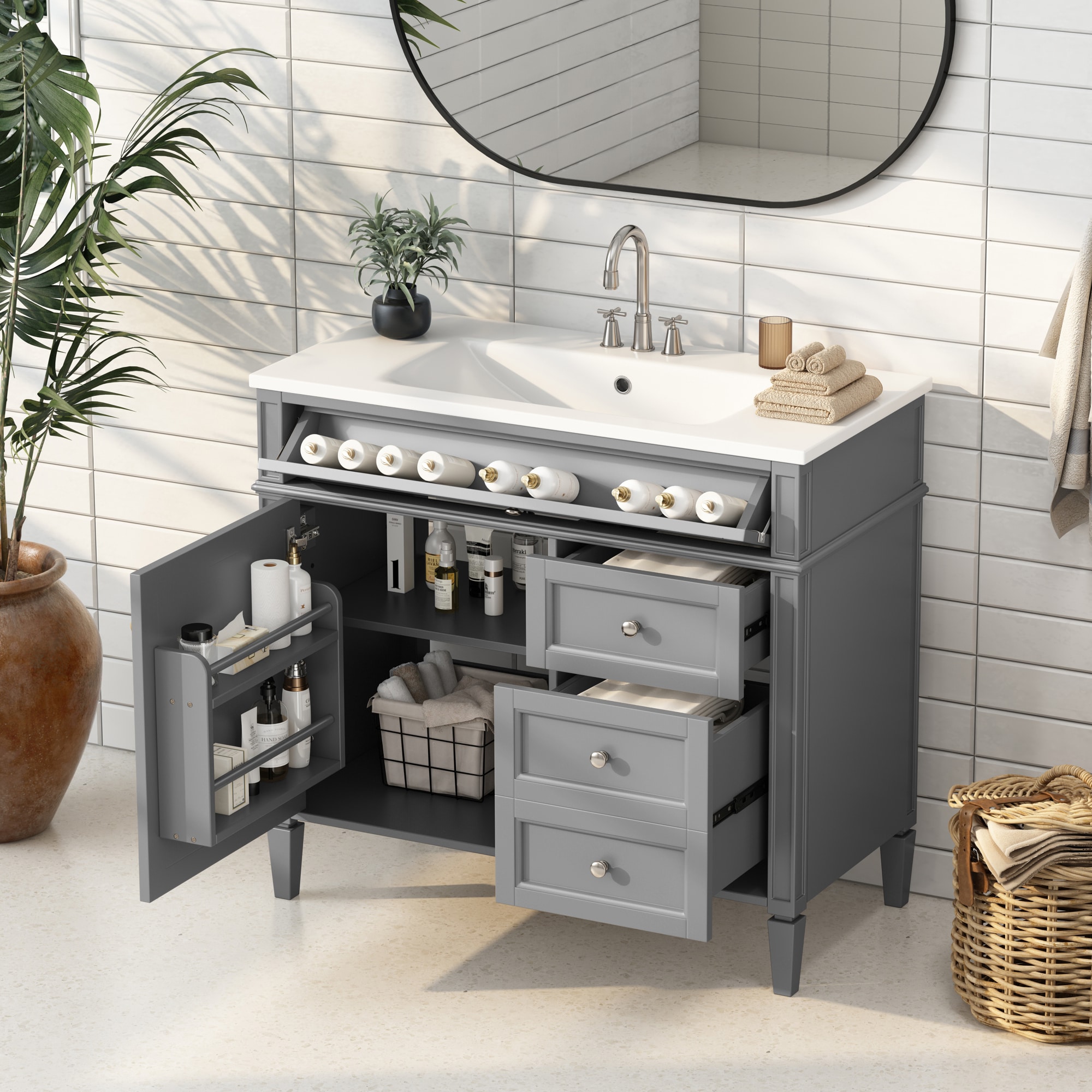 GDFStudio 36 Inch Bathroom Vanity with Top Sink Modern Bathroom Storage Cabinet with 2 Drawers and a Tip-out Drawer Single Sink Bathroom Vanity