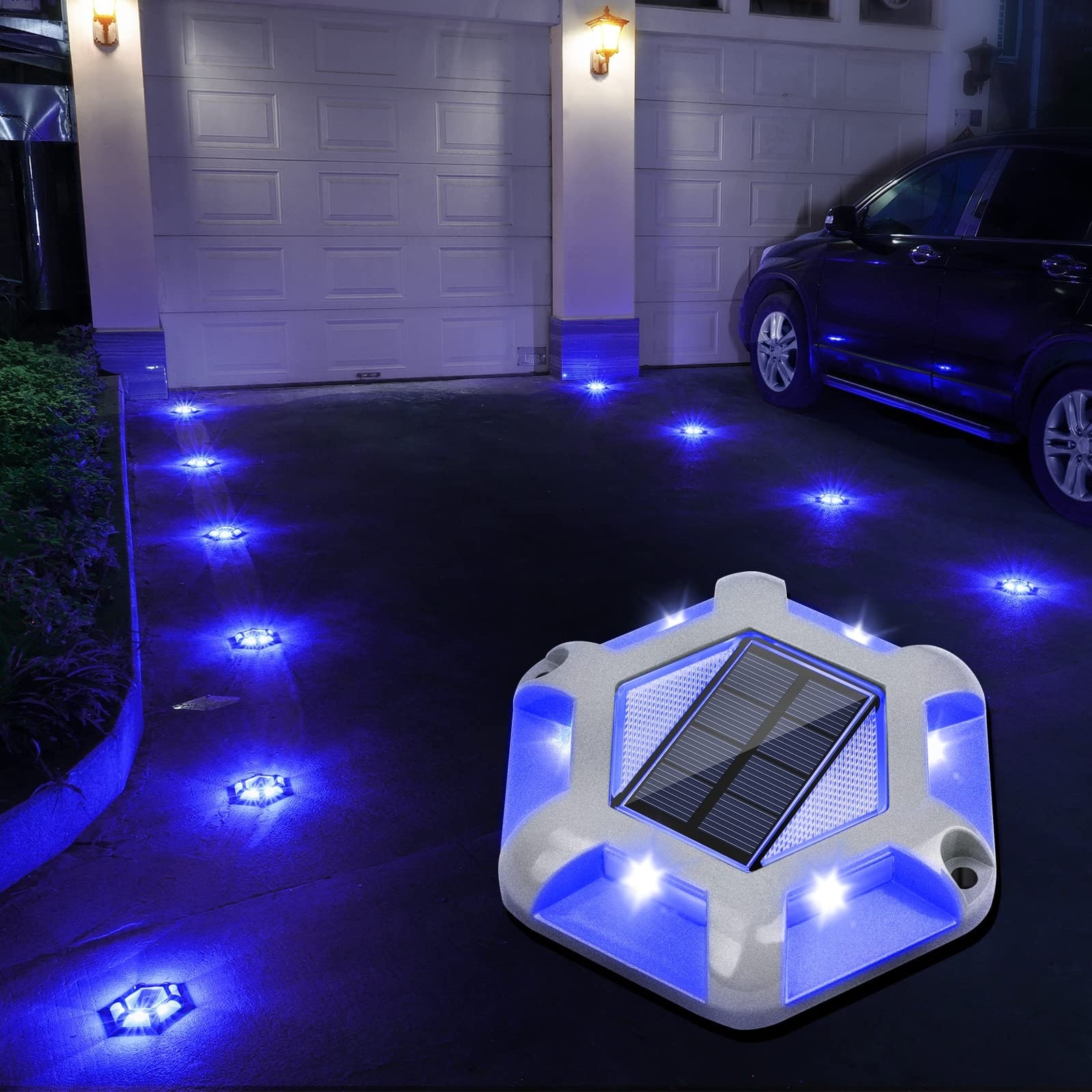 ITOPFOX  12 Pack Solar Dock Lights Hexagonal LED Outdoor Waterproof Aluminum Deck Step Pathway Driveway Sidewalk Garden Yard Lights Blue White