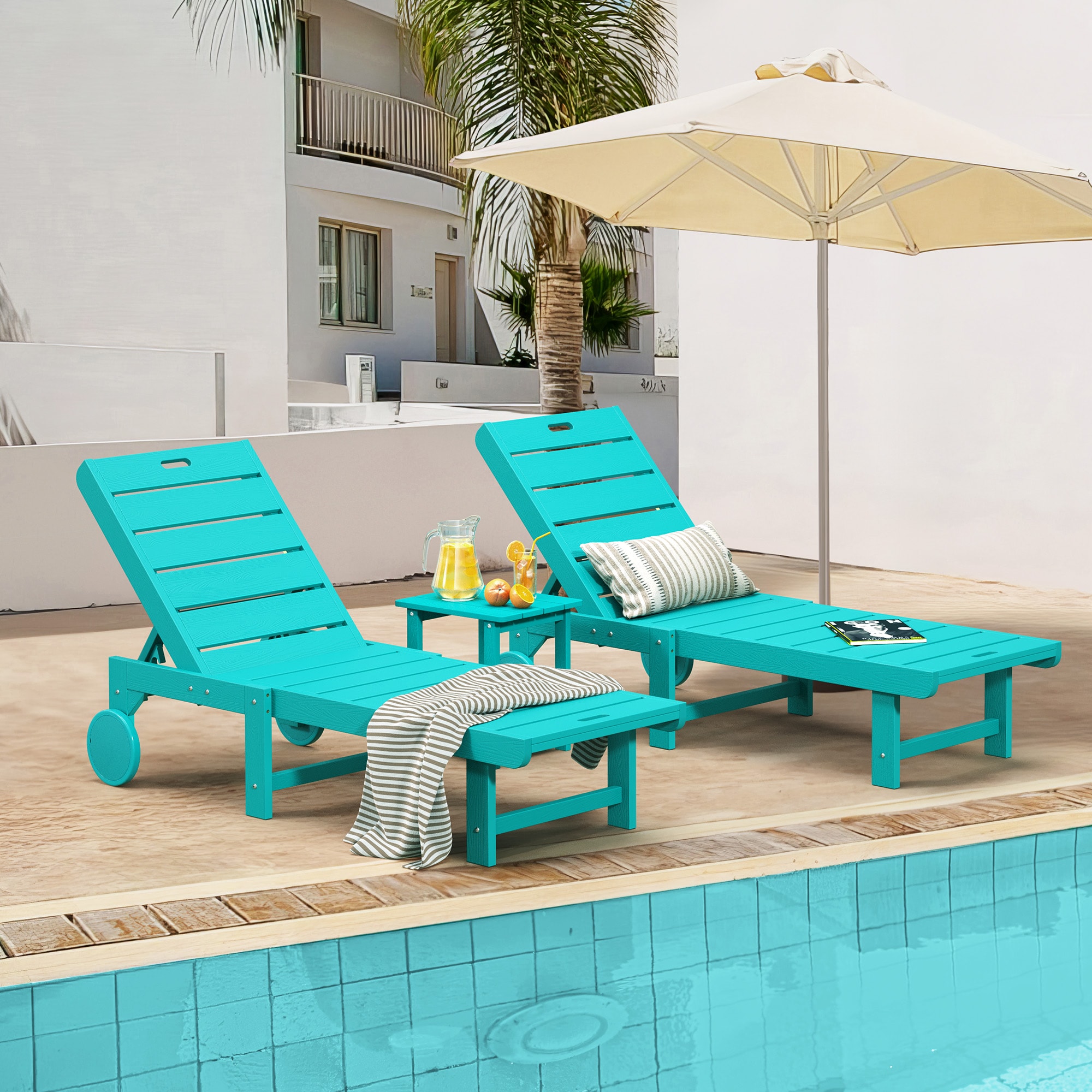 Yurevna 2JD-001-05LS Chaise lounge Set of 2 Aruba Blue HDPE Frame Stationary Chaise Lounge Chair with Slat Seat