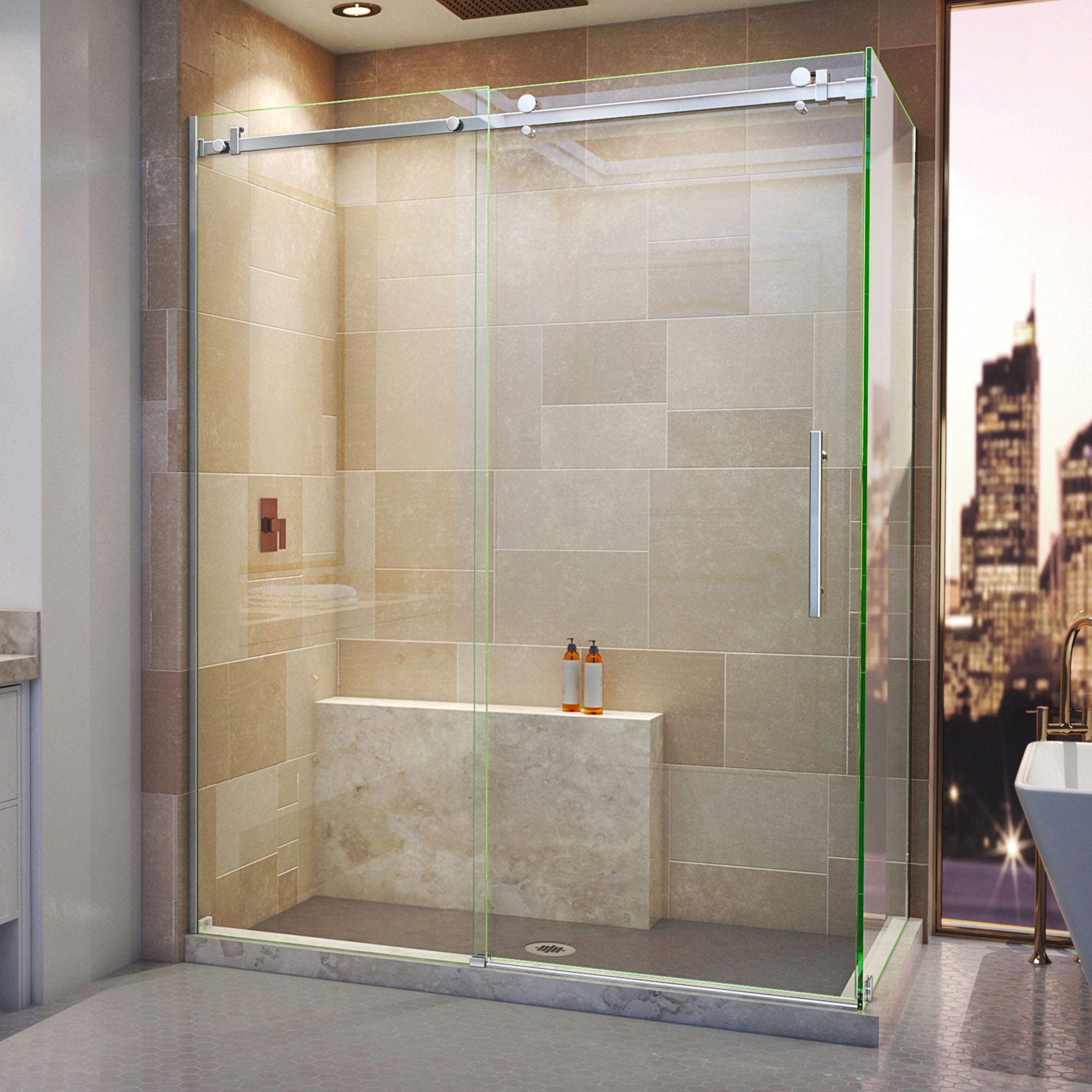DreamLine SHEN-6434600-08 Enigma Air Polished Stainless Steel 56-3/8-in to 60-3/8-in W x 76.0-in H Frameless Sliding Shower door 3/8-in Thick Clear Glass