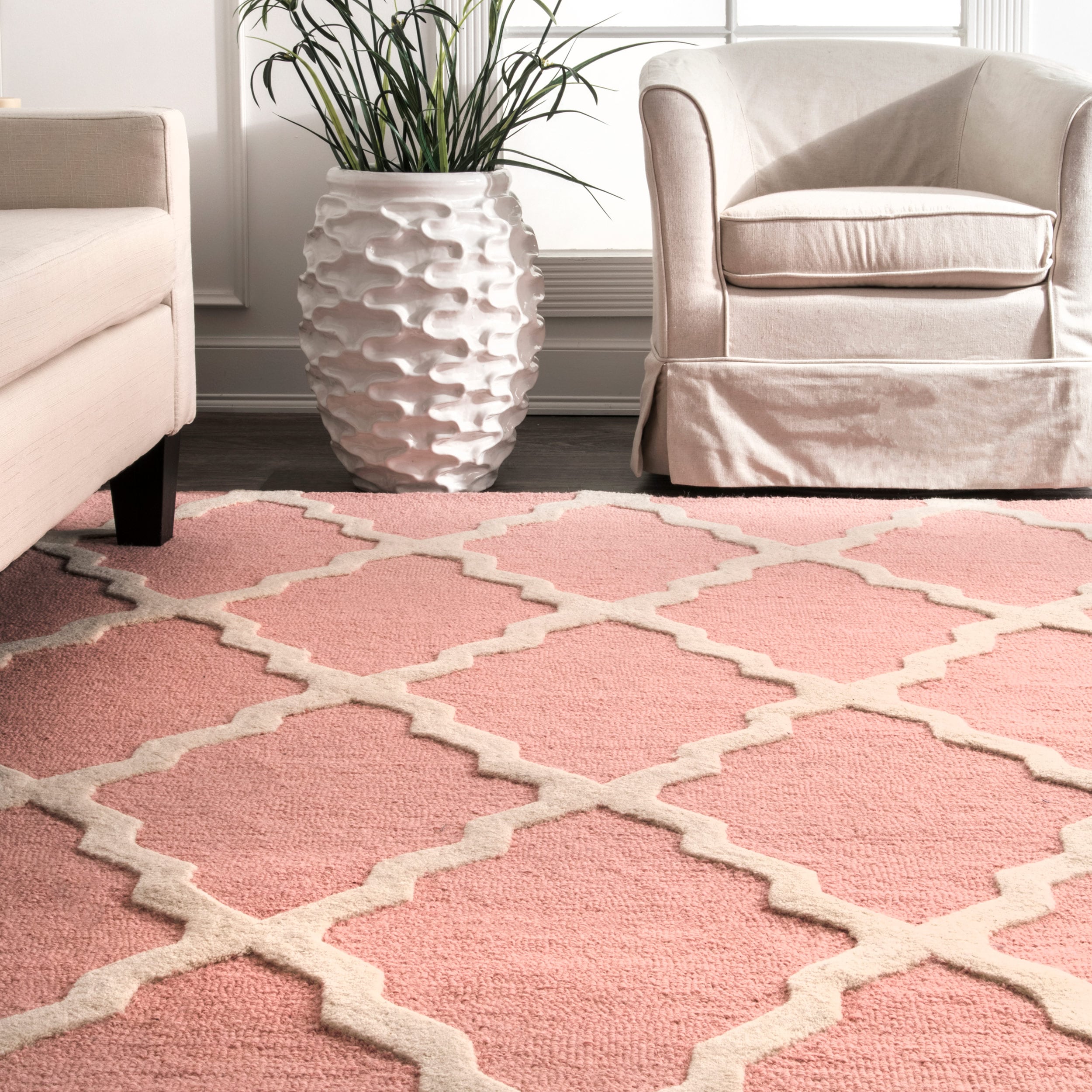 Handmade Tufted Trellis Baby Pink Wool Runner Rug