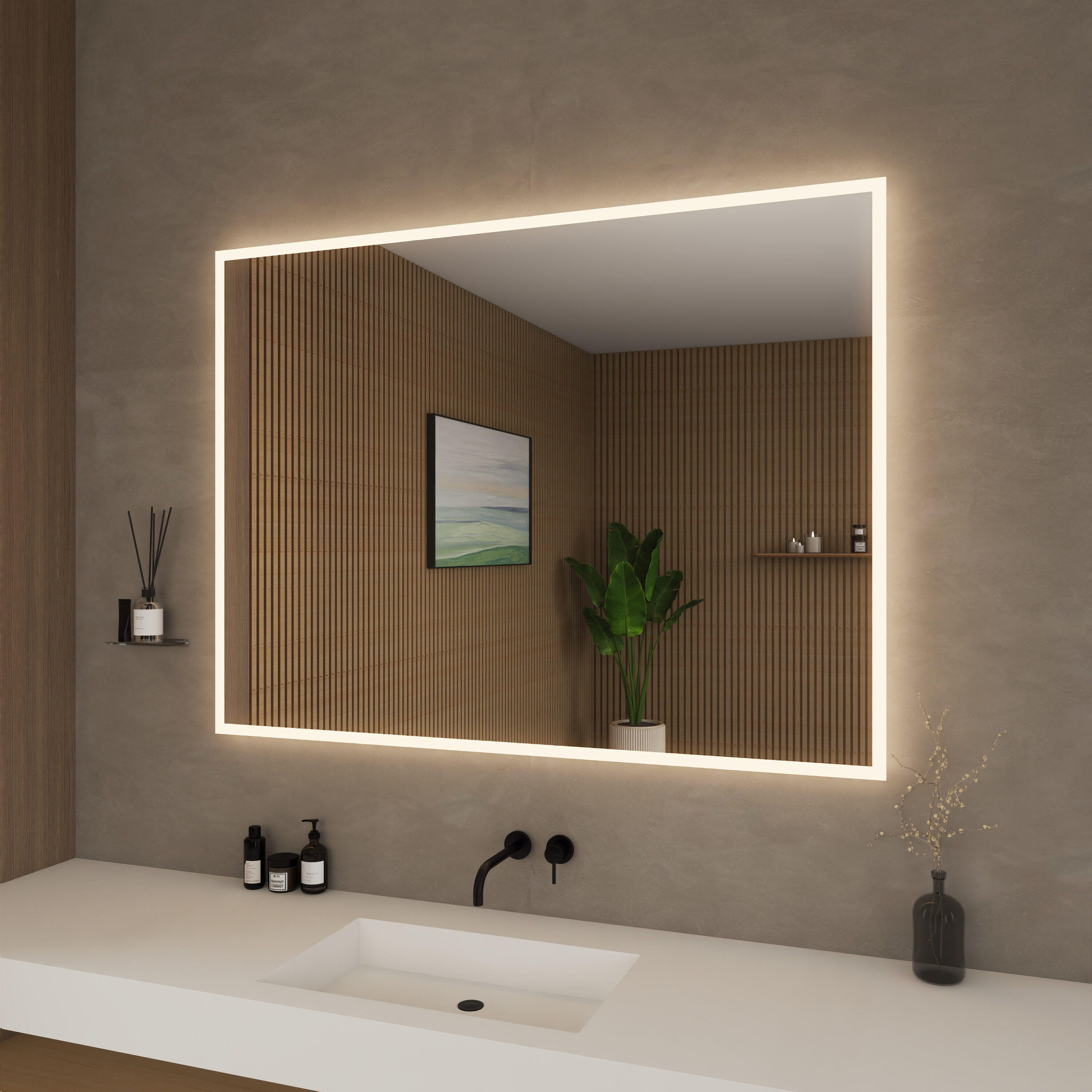 Wyndham Collection Hilton 48-in x 36-in Polished Frameless Rectangle LED Lighted Fog Free Bathroom Vanity Mirror ( Clear )