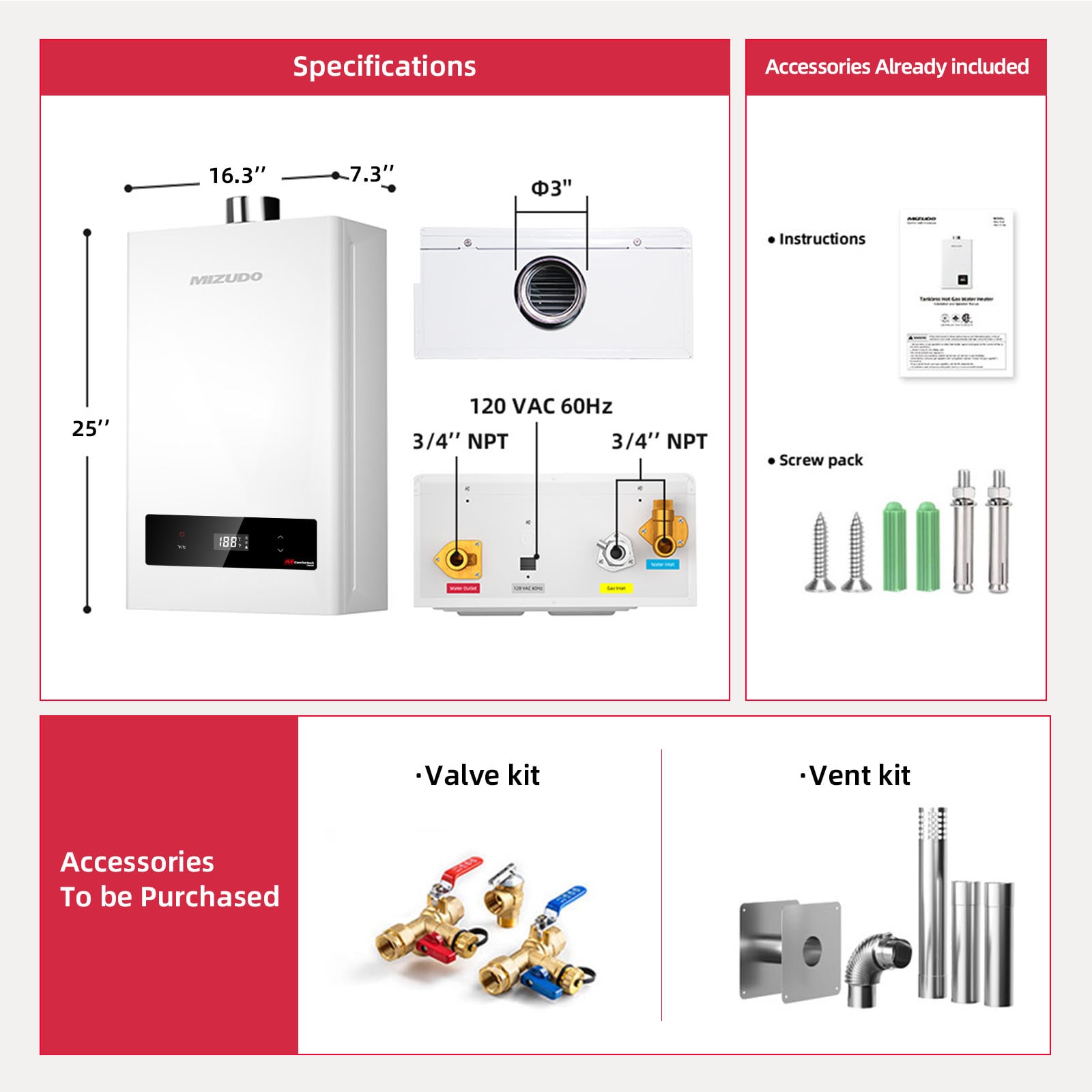 Mizudo Propane Gas Tankless Water Heater, Indoor 170,000-BTU