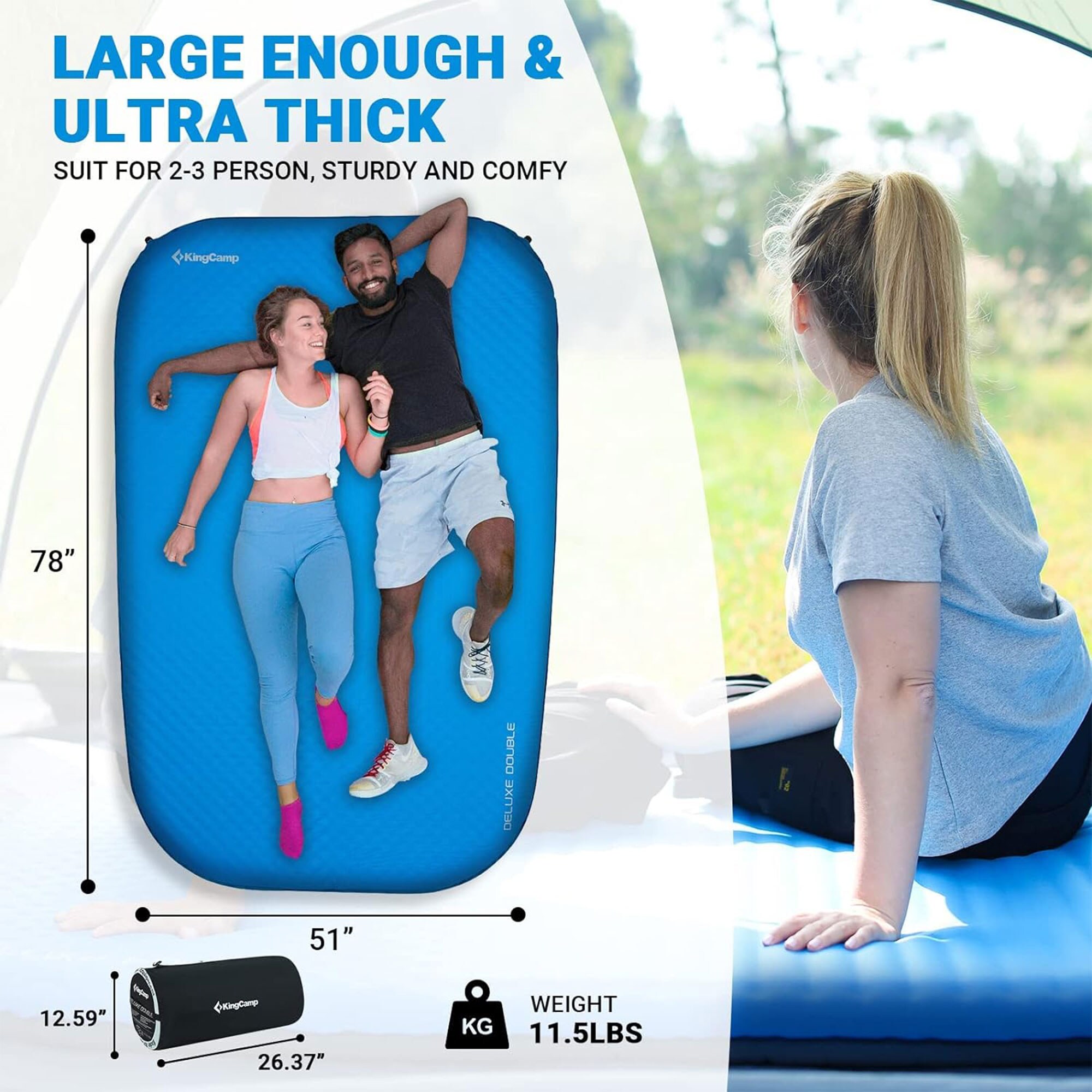 KingCamp Deluxe Series Thick Self Inflating Camping Sleeping Pad Foam Mat Mattress KM3587 Blue