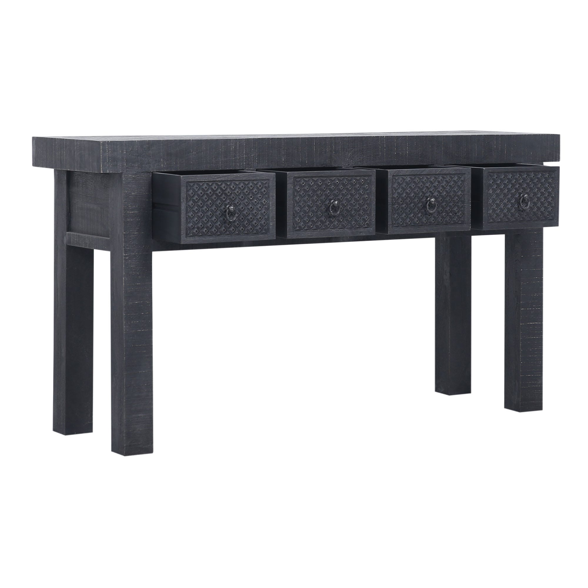 Maven Lane ML-VEE-01BL The Veena Solid Wood Console Table blends tradition and innovation. This narrow table features distressed wood long drawers for extra storage and is perfect for your foyer or as a sofa/TV stand. Handcrafted with care for durability and timeless style.