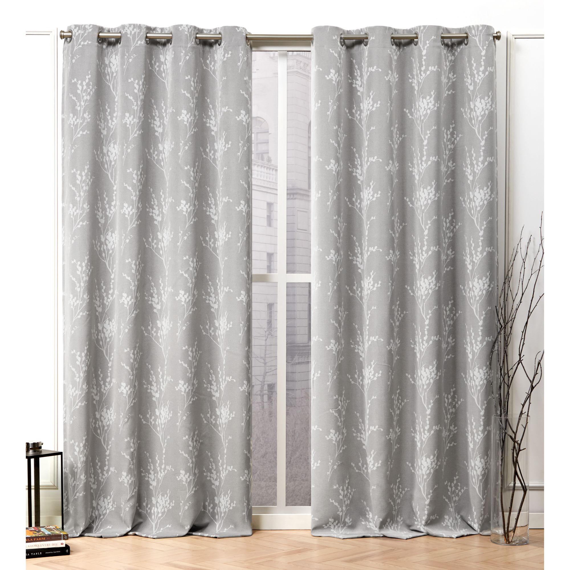 Nicole Miller EN7030-01 2-96G 96-Inches Ash grey Floral Room darkening Interlined Grommet Curtain panel pair