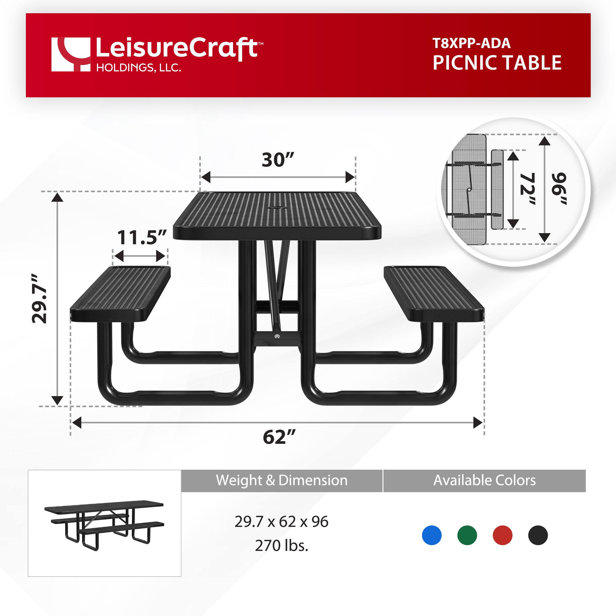 LeisureCraft T8XPP-ADA-BLACK Picnic-Tables - View #6
