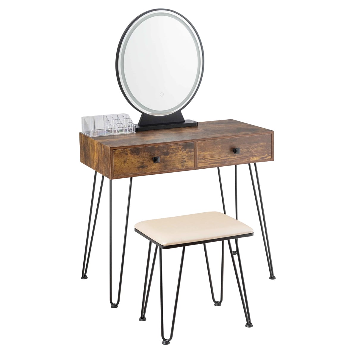 Slickblue D-CO-NT88066WH 31.5 Inch Walnut/Rustic Brown/White Makeup Vanity with LED Lighted Mirror Two Drawers Cushioned Stool for Bedroom or Dressing Area