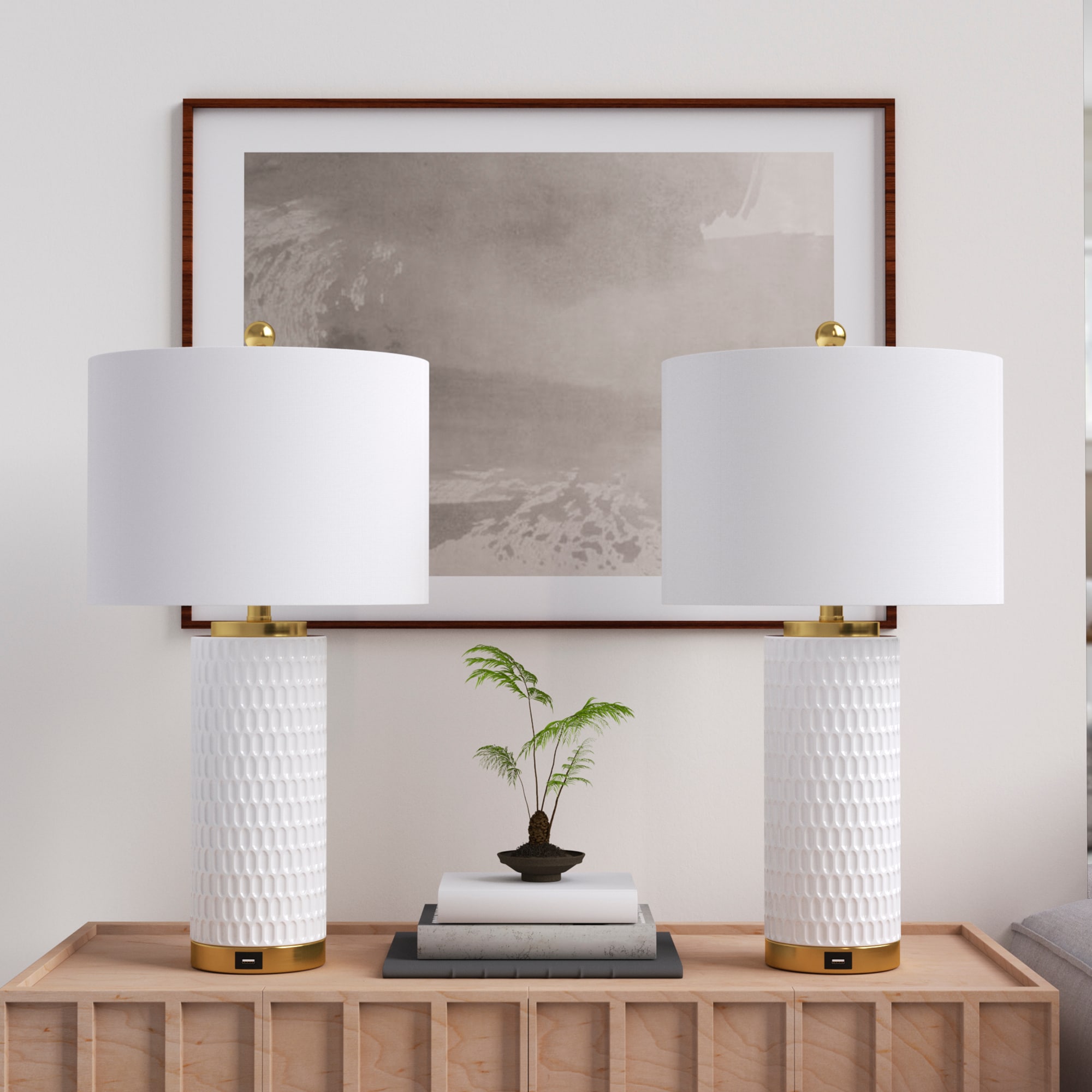Maxax T227-WH Deluxe 26-in White and Bronze LED Incandescent Rotary socket Table Lamp with Linen Shade 2 -Set