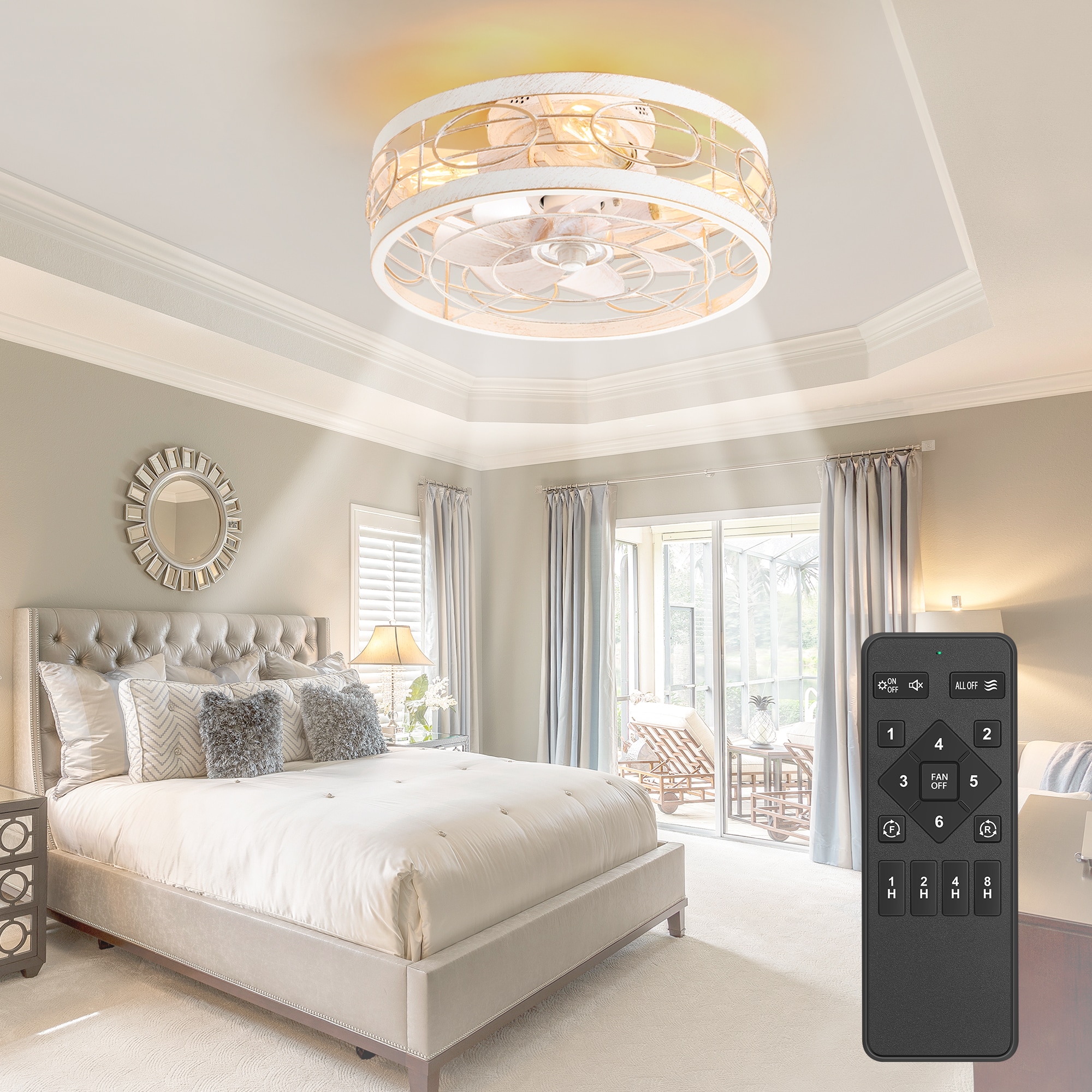 Breezary 35017-WG Enclosed/Low Profile 17-in Flush Mount Distressed White and Gold with White Blades Fandelier Ceiling Fan With Light - Remote Included ( 7 -Blade )