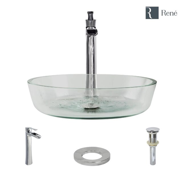 Glass Vessel Sink in Crystal with R9-7007 Faucet and Pop-Up Drain in Chrome Glass Vessel Sink in Crystal with R9-7007 Faucet and Pop-Up Drain in Chrome