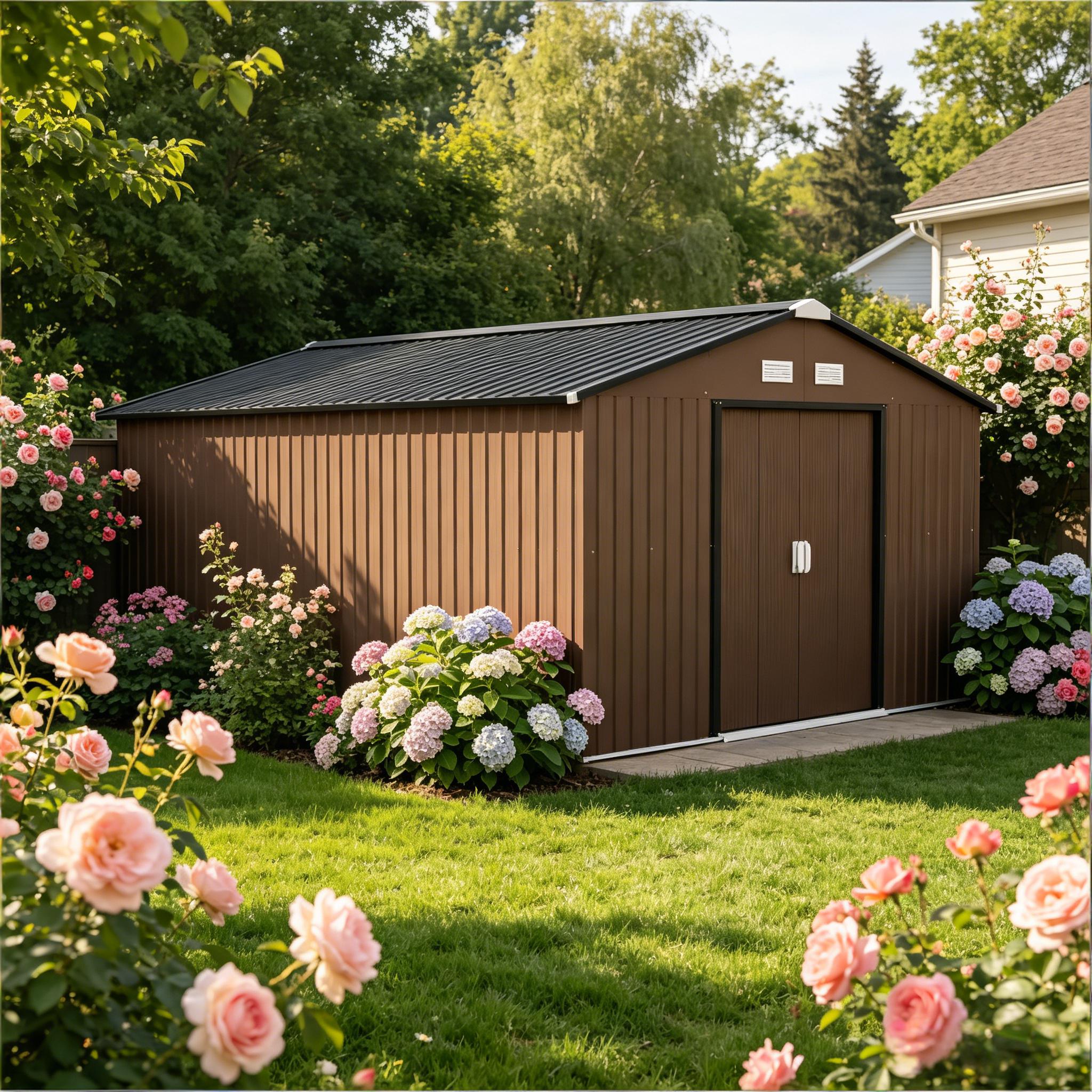 RITSU -  134.40 in L x 152.40 in W x 79.20 in H Brown Resin Outdoor Storage Shed with Lockable Sl...