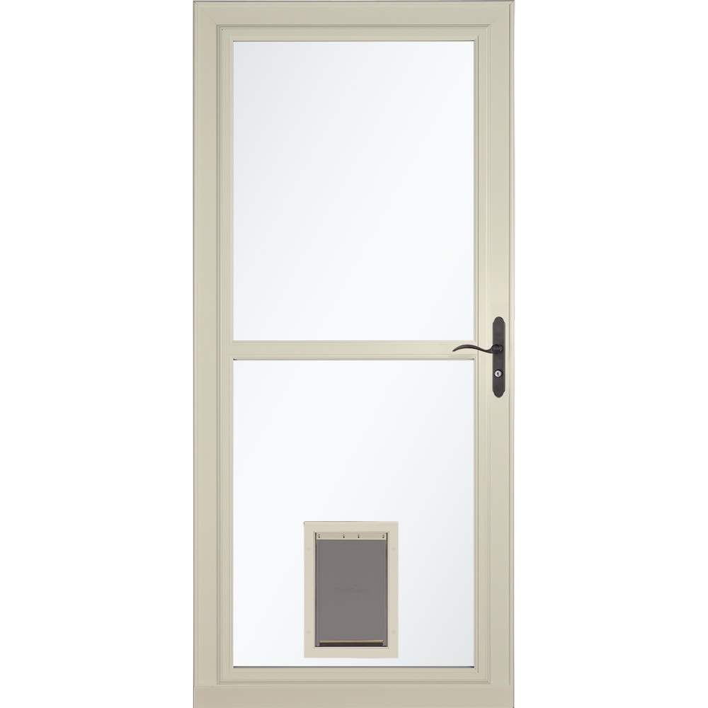 LARSON Tradewinds Selection Pet Door 32-in x 81-in Almond Full-view Retractable Screen Aluminum Storm Door with Aged Bronze Handle in Off-White -  1467908157