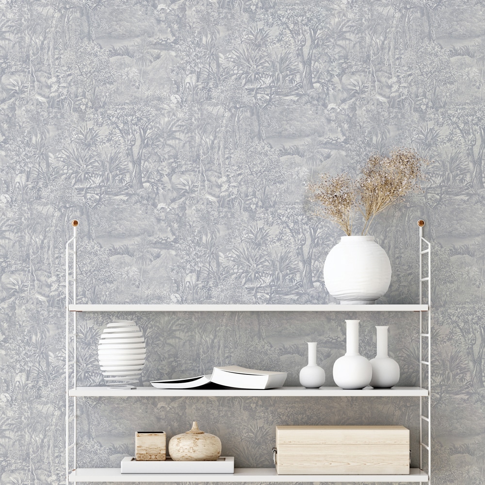 Cornflower Blue Vinyl Jungle Toile Peel and Stick Wallpaper Roll
