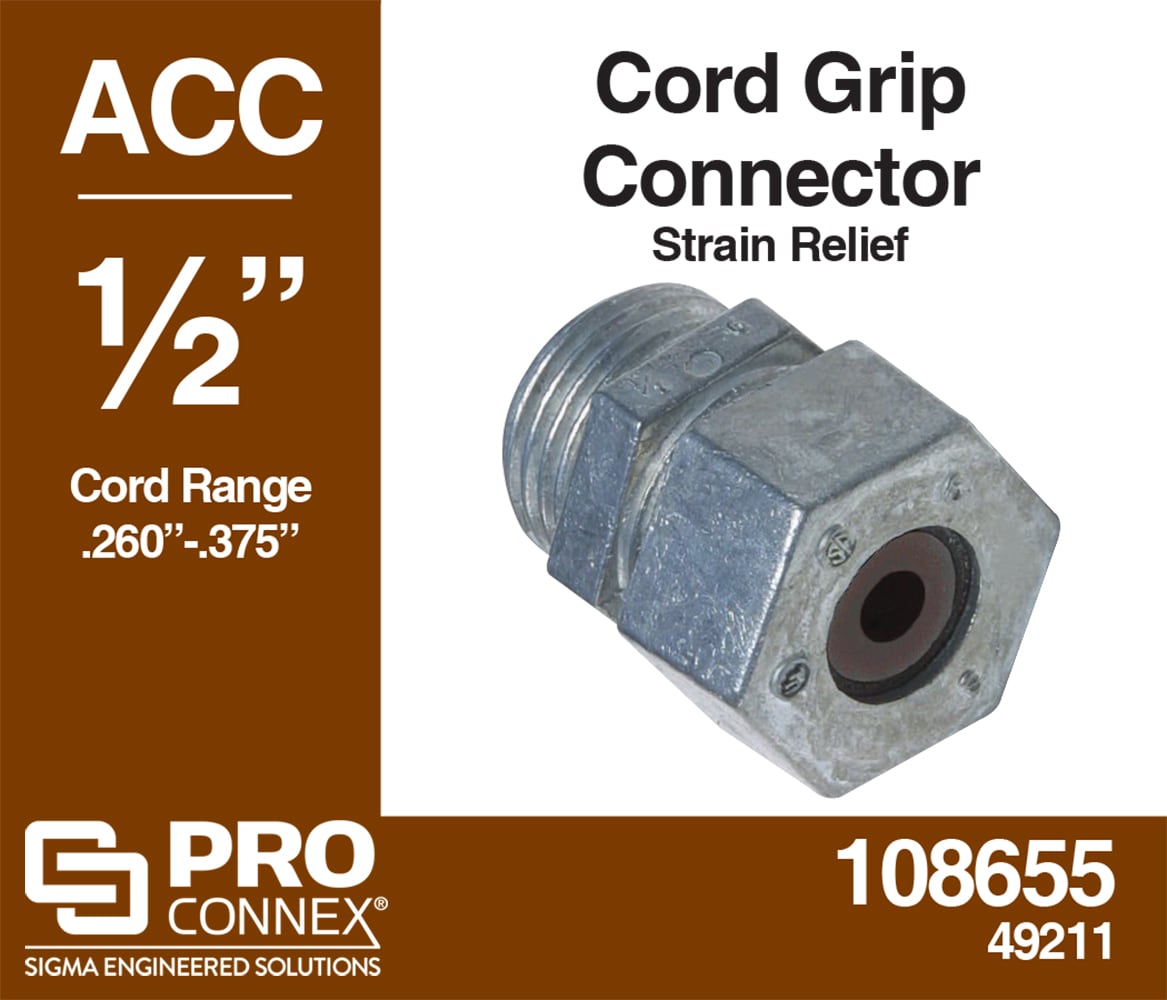 1/2 In. ACC Non-Metallic Strain Relief Cord Connector (1 pack)