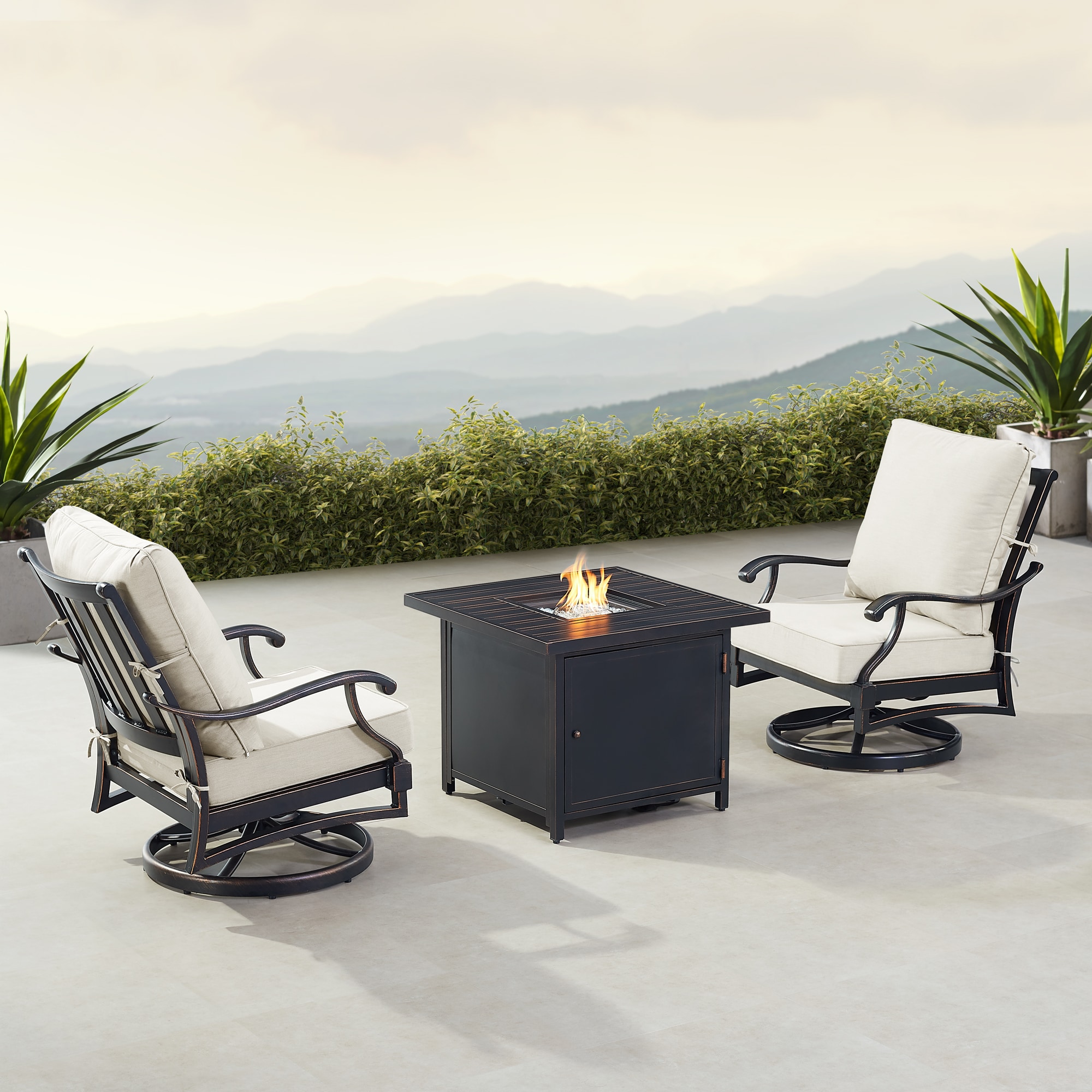 Oakland Living Fire Pit Table Bistro Set Two Lounge Chairs 7 Piece Patio Conversation Set with Gray Cushions SHAO2CHCHOLULALGCUA at Lowes