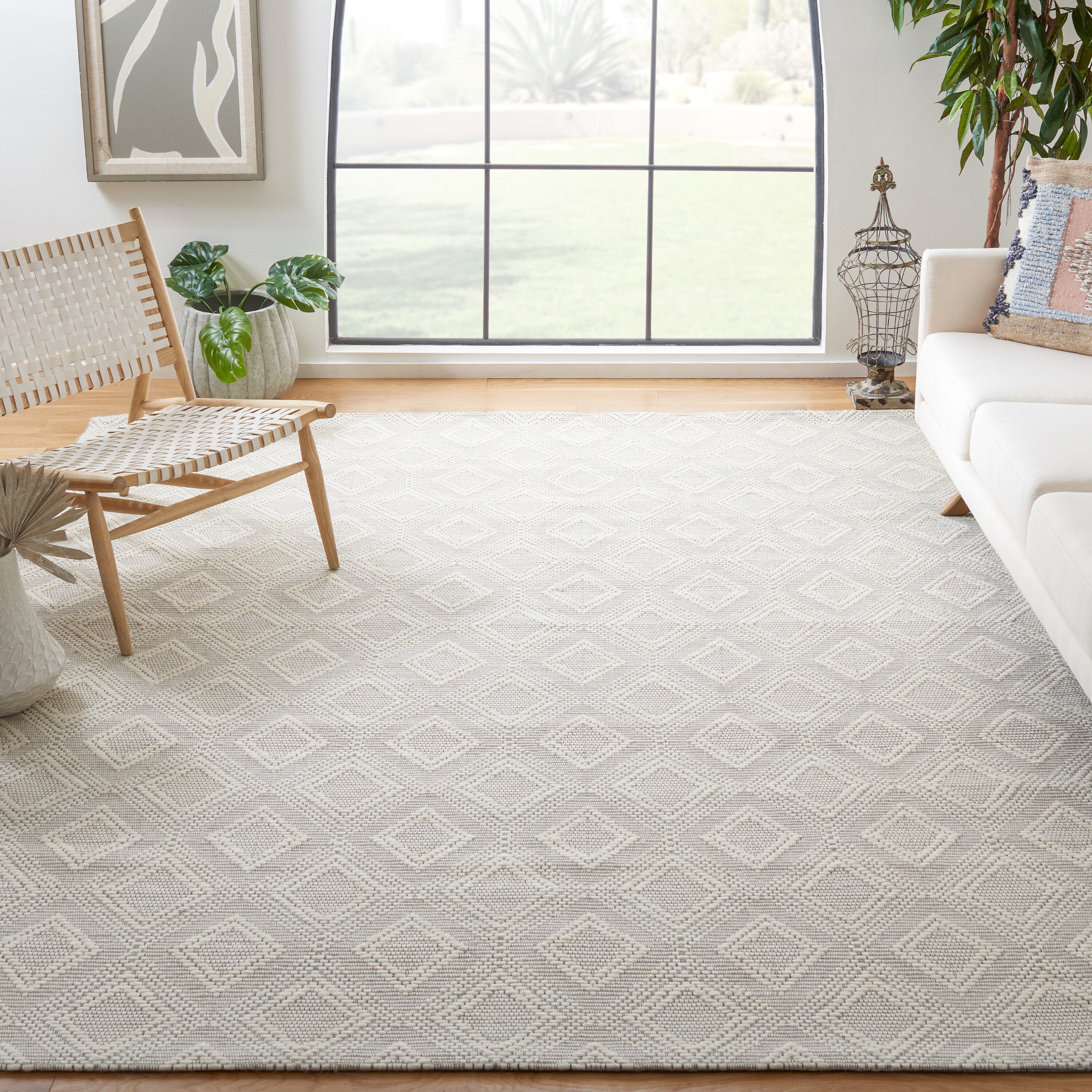 Ivory Geometric Handwoven Wool Square Area Rug