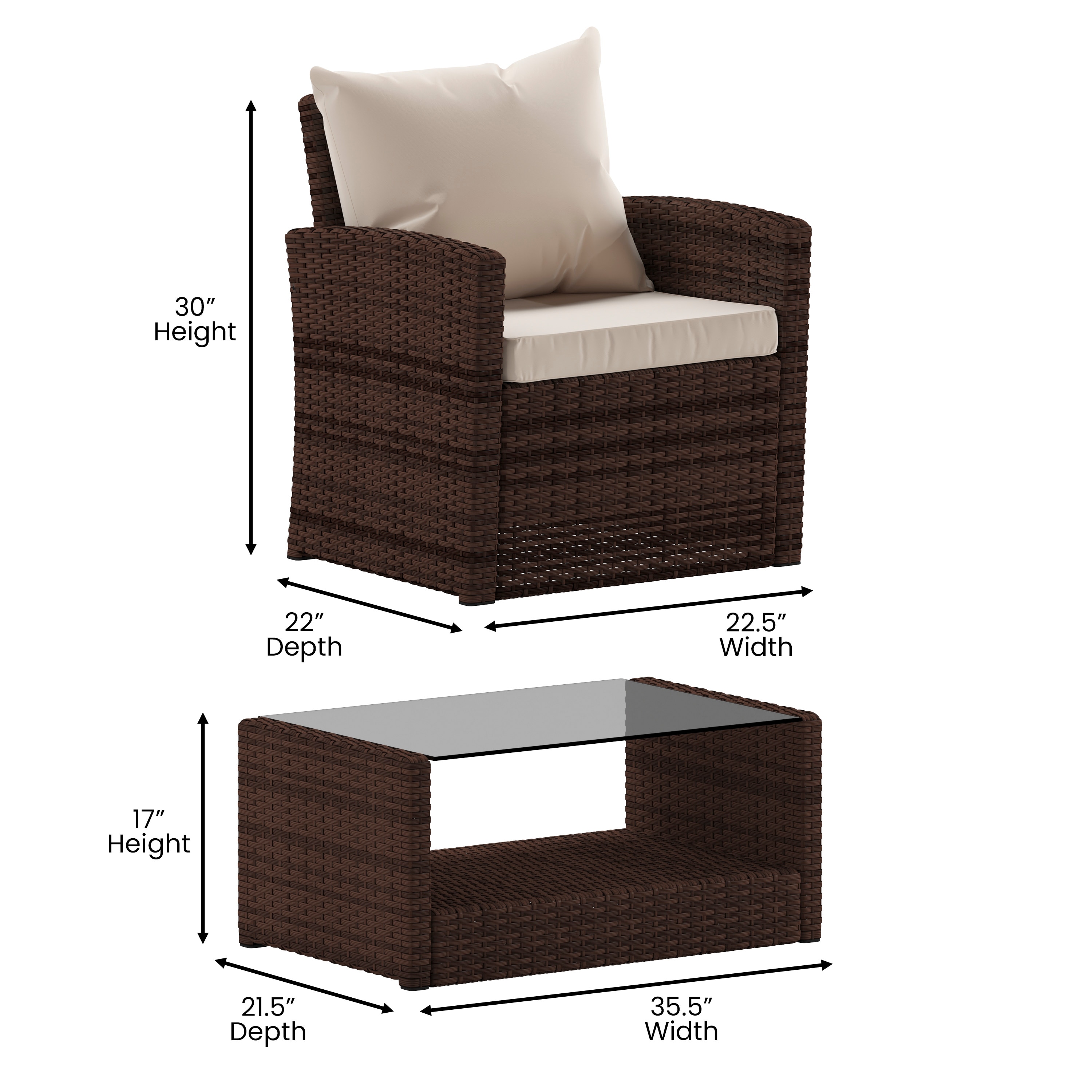 Brown and Beige 4-Piece Rattan Patio Set with Cushions