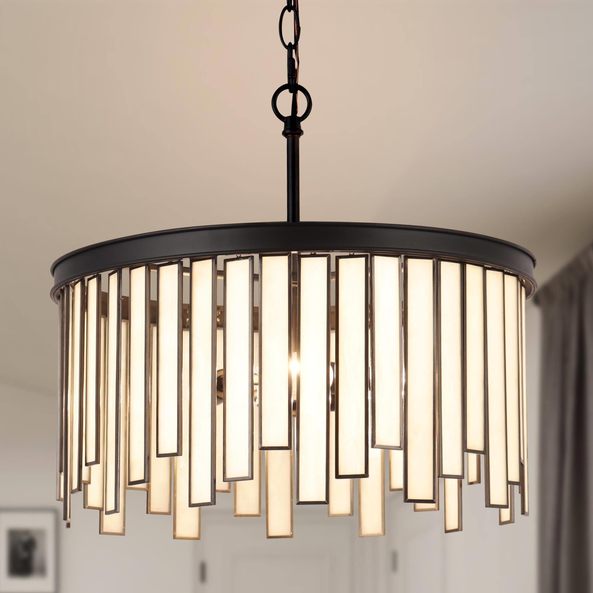 LNC LY3UAJE67A318C Hemaaolay 3 -Light Matte Black and Gold Glass Drum Tiffany Art glass Drum Medium Hanging Pendant light