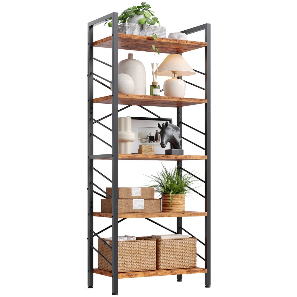 Raybee - 5-Tier Wood Bookcase with Side Bars and X-Shaped Back Freestanding Bookshelf with Adjust...