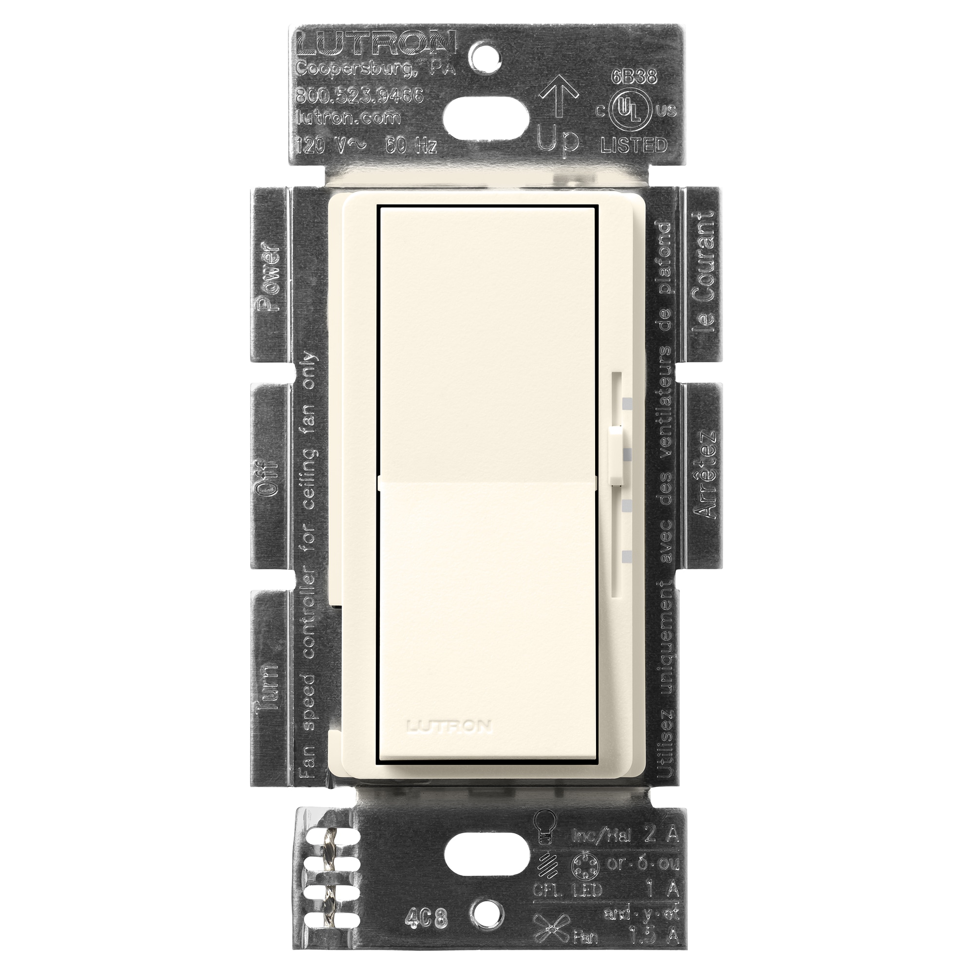 Lutron DVSCFSQ-LF-BI Diva Fan and Light Control 1.5 -Amp 3-speed Rocker Fan Control Biscuit
