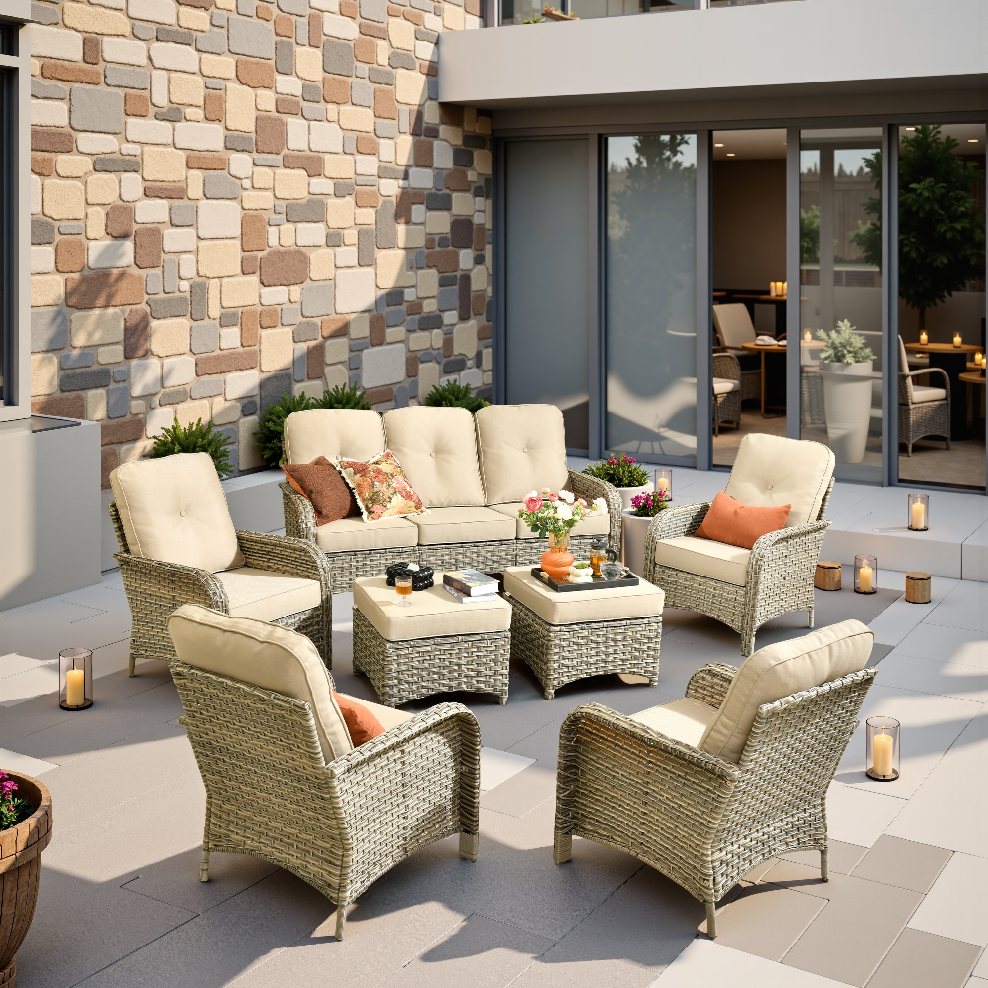 weaxty HMBVNC600S71 Belvoir 7 -Piece Wicker Patio Sofa Conversation Set with Off-white Cushions