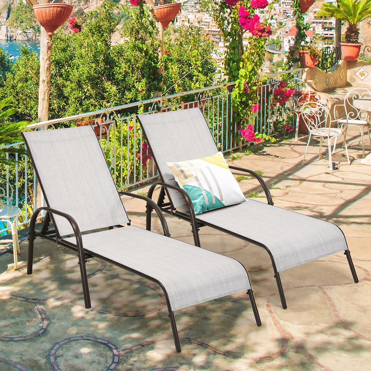 Costway HW66028WH 2PCS Patio Lounge Chair Chaise Adjustable Reclining Armrest Gray