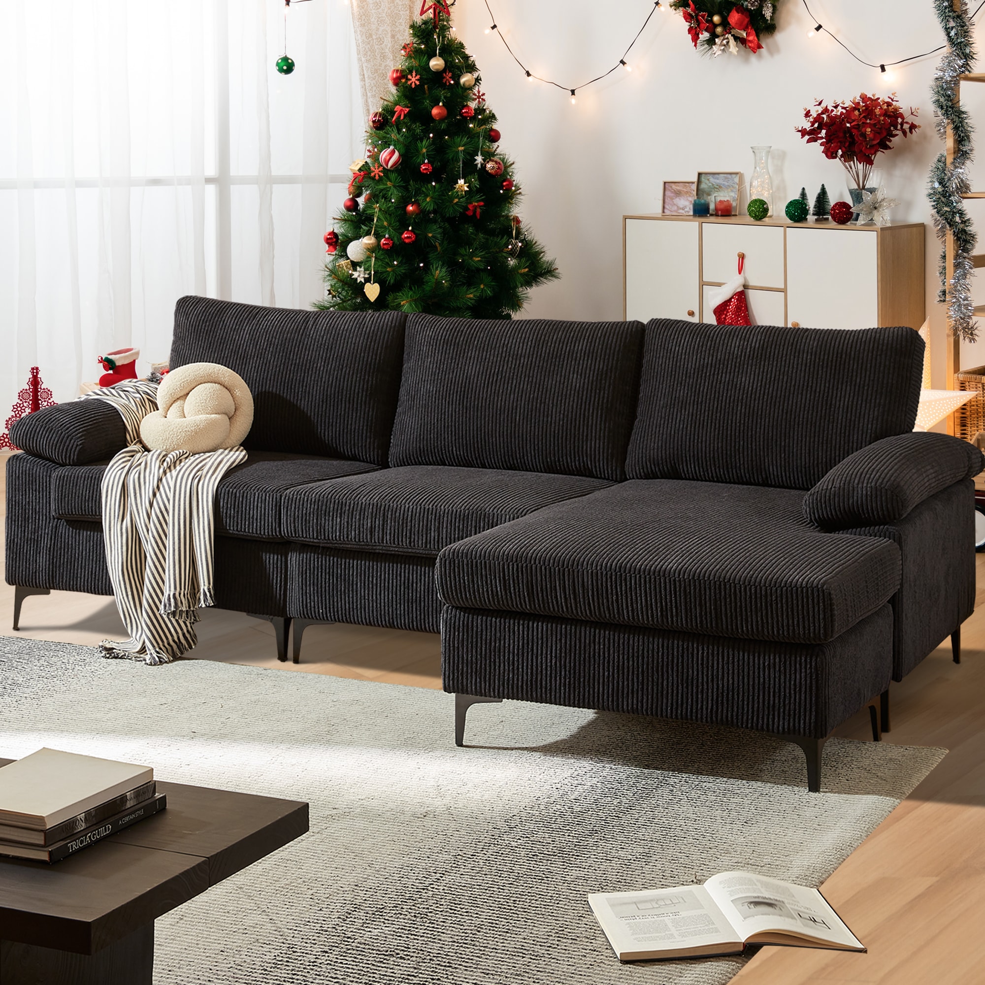 Pouuin SMK-400 100.02-Inches Modern Black Corduroy 3 -seater Sofa