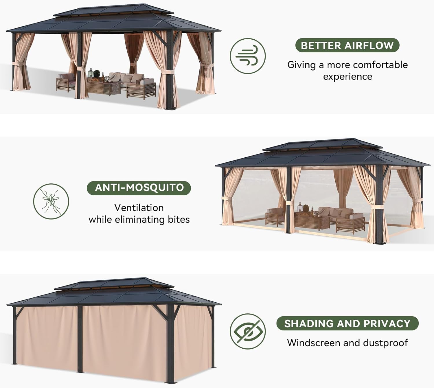 AOXUN 20-ft x 12-ft Gazebo Rectangle Brown Metal Steel Roof Gazebo with ...