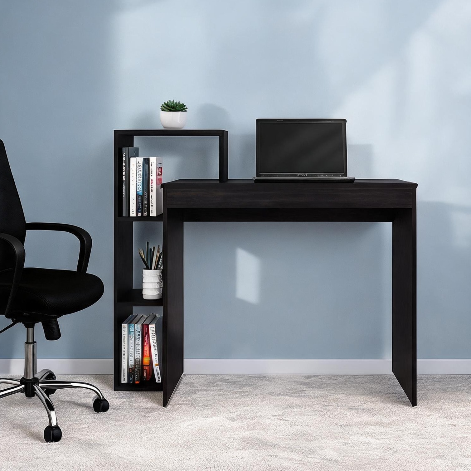 FlowLuxe Open-storage writing desk in wenge wood finish with side shelving for home office