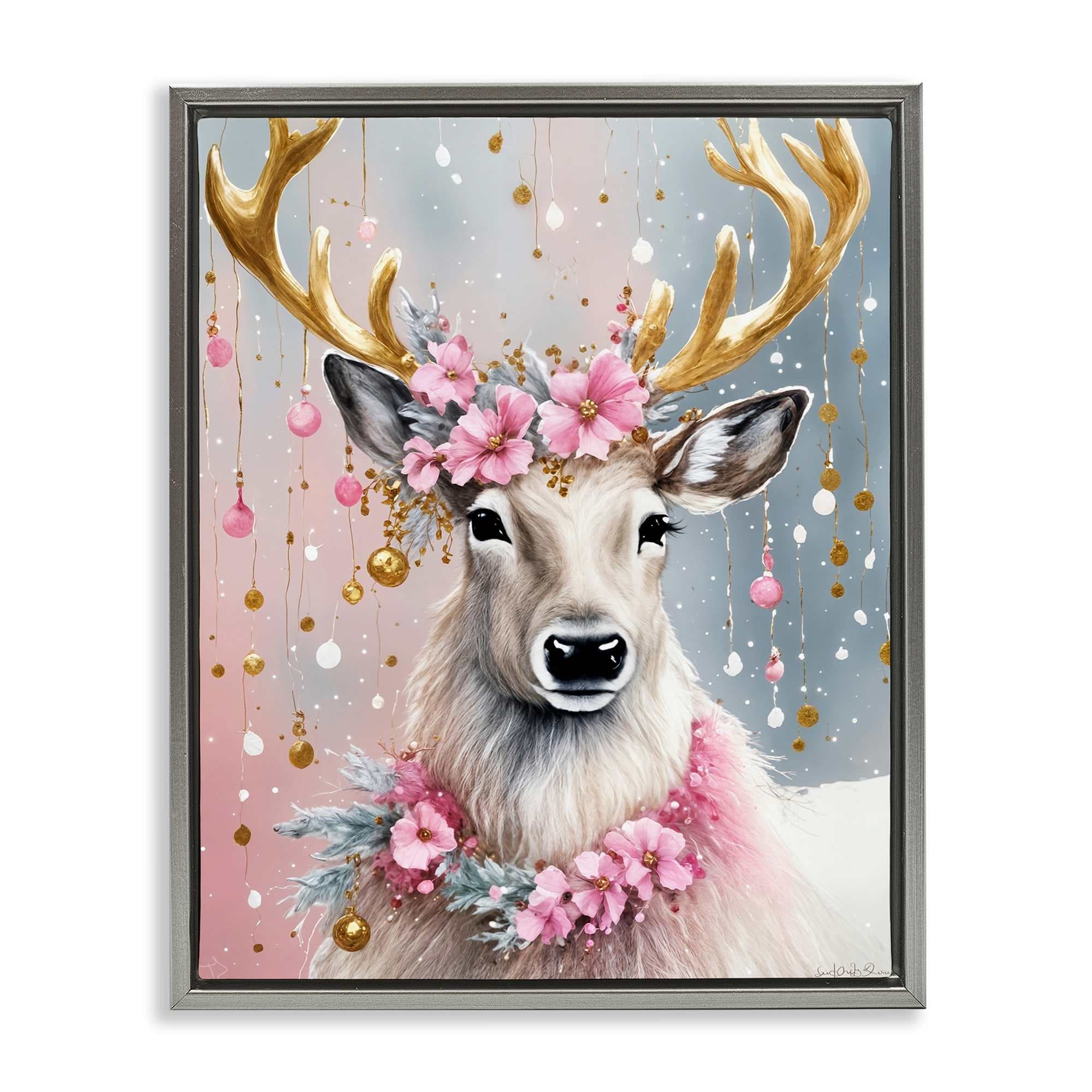 Stupell Industries BT-368-FFL-16X20 Ornamental Florals on Deer Gray Framed Floater Canvas Wall Art By Tabz Jones 17 x 21