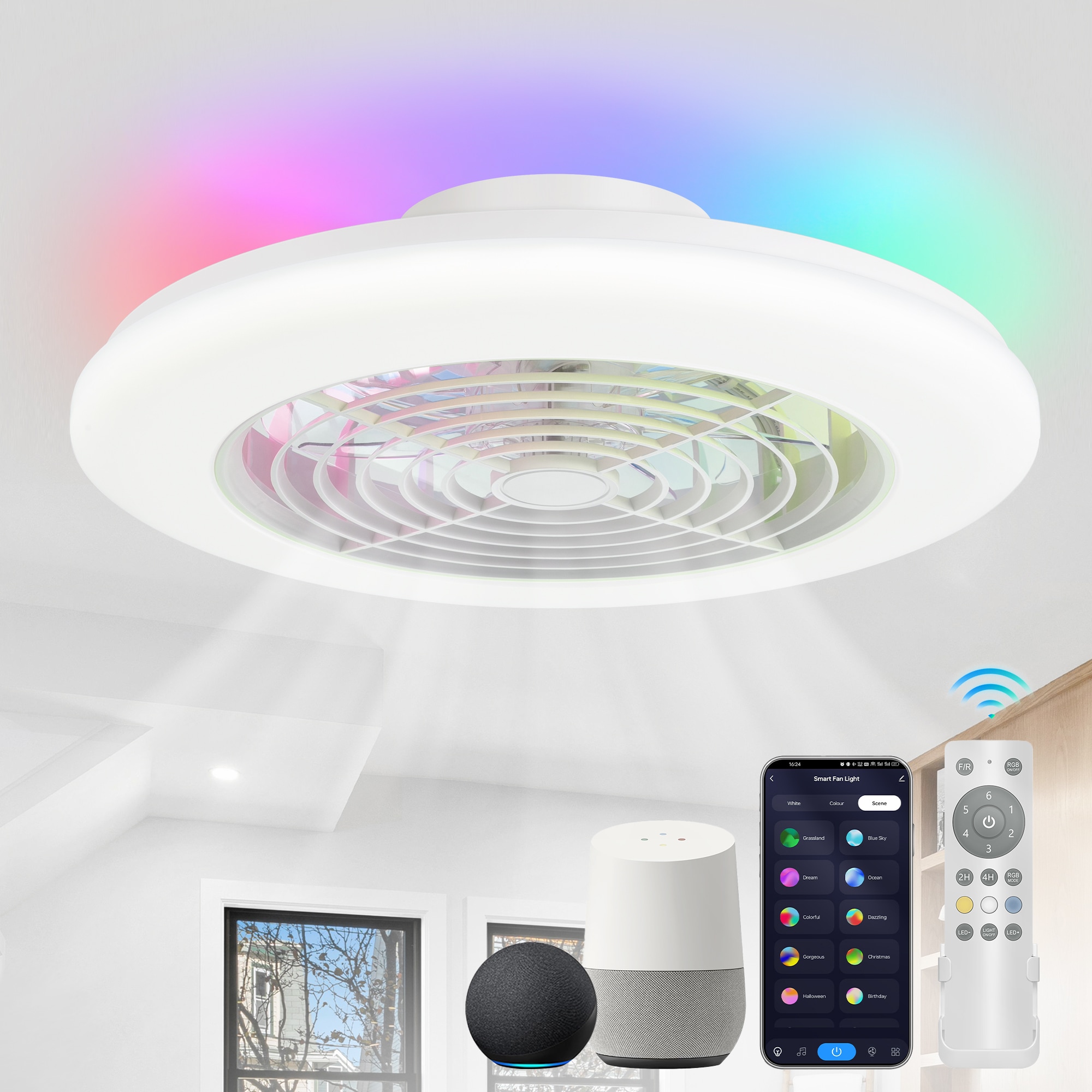 Breezary 24032-WH 19-in Color-Changing Integrated LED Flush Mount Matte White with Clear Blades Fandelier Ceiling Fan With Light - Remote Included ( 5 -Blade )