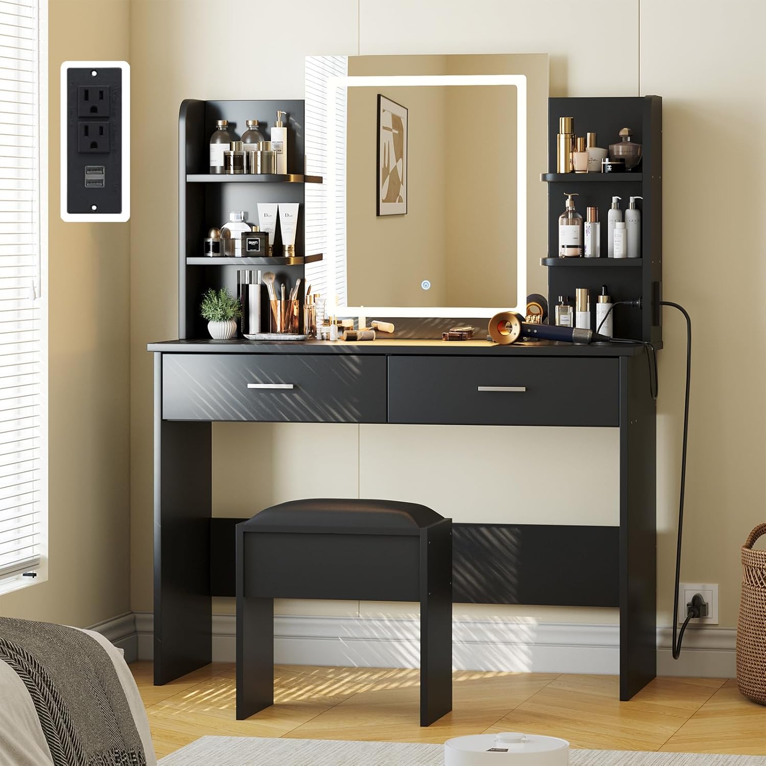 Qeetex LHF-SZT-PHO-14CN7CUQ Vanity Desk with Lighted Mirror - Makeup Vanity Set with Power Outlet/Cushioned Stool - Vanity Table with 6 Storage Shelves - 2 Large Drawers and 3 Color Light Adjustable Brightness - Black