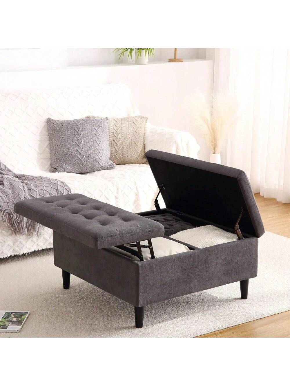Qeetex PHO-10L4EPNM-HF4 33 Inch Grey Velvet Lift Up Storage Bench with Extra Large Storage Compartment. Living Room Large Square Storage Coffee Table. Toy Box. Ottoman. Grey Stool with Upholstered