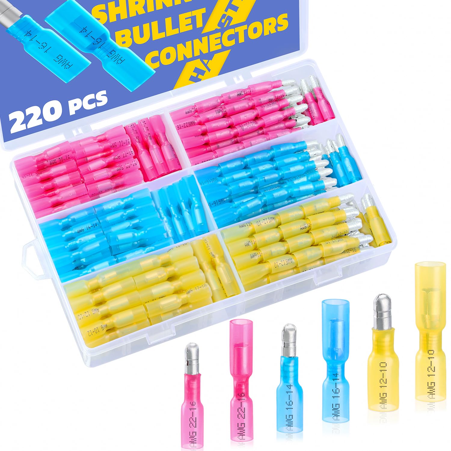 KHKFY Heat Shrink Bullet Connectors 220 Piece Kit Male and Female Wire Terminals AWG22 to 10 Blue Red Yellow for Electrical Projects #LKH0819H293
