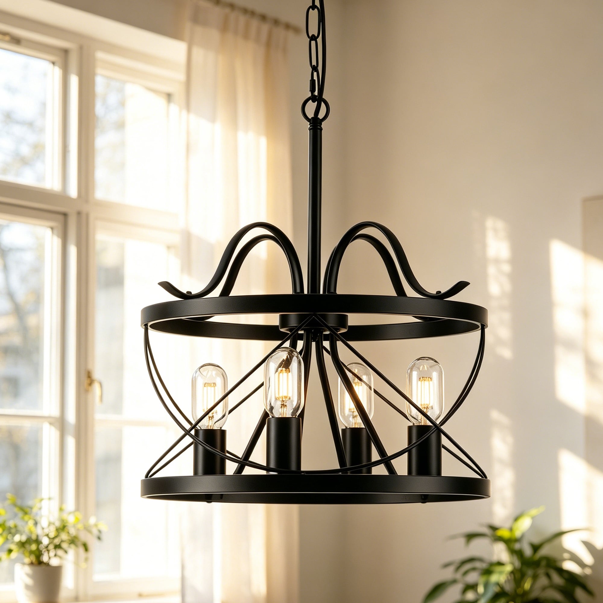 ZemSum 4-Light Black Geometric Cage Metal Chandelier