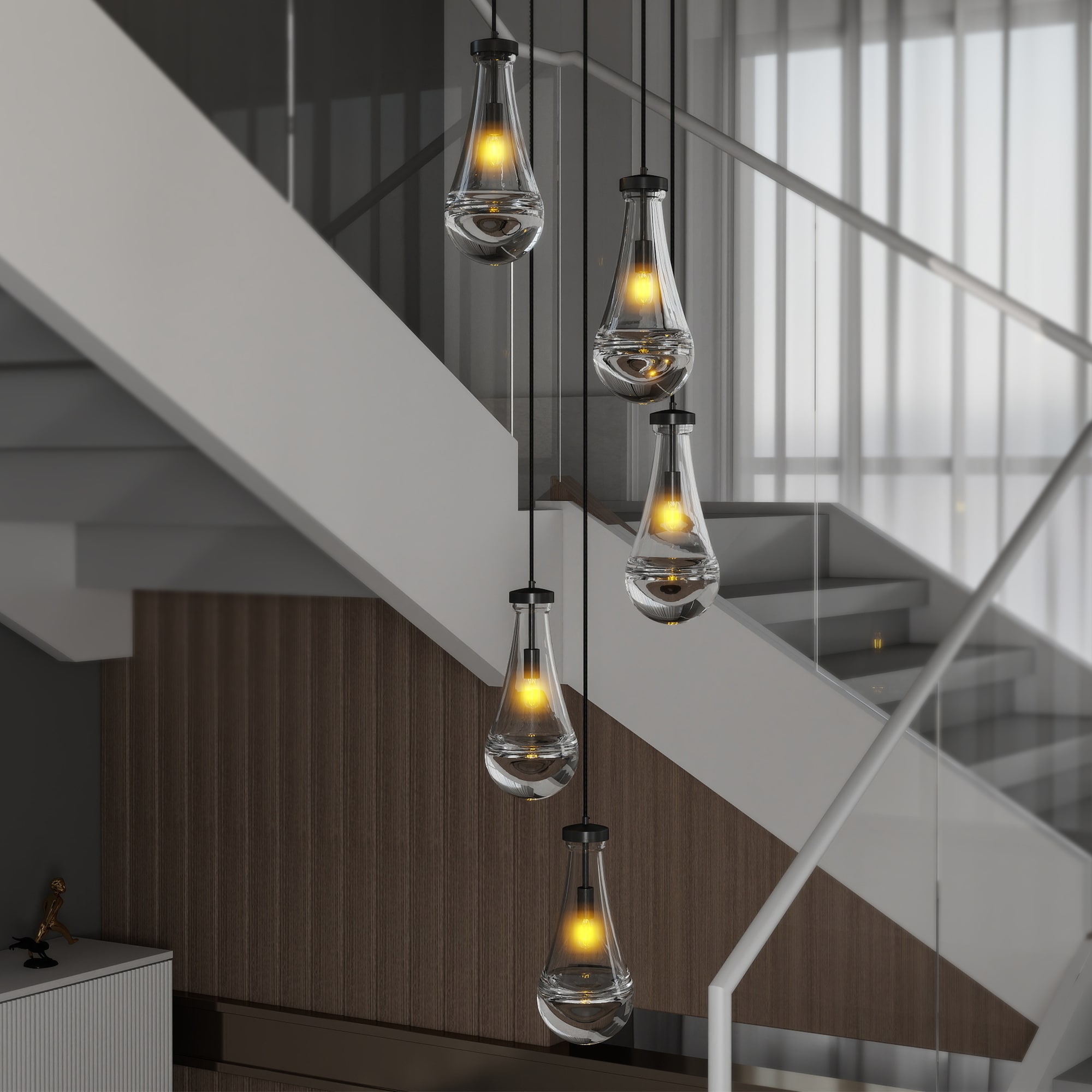 JUSHUA 5 Light Cluster Adjustable Black High Ceiling Pendant Chandelier for Living Room Foyer Stairwell Bedroom E12 Bulb Not Included