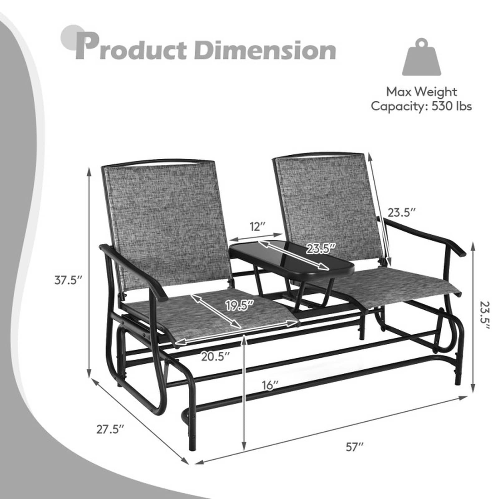 SUGIFT Gray 2-Person Outdoor Rocking Glider Loveseat 530-lb Patio ...