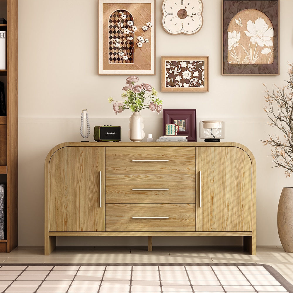 Homsee V-KF390112-01 Brown Wood Sideboard Storage Cabinet with 3 Drawers 2 Doors Adjustable Shelves and Arched Design with Raised Legs