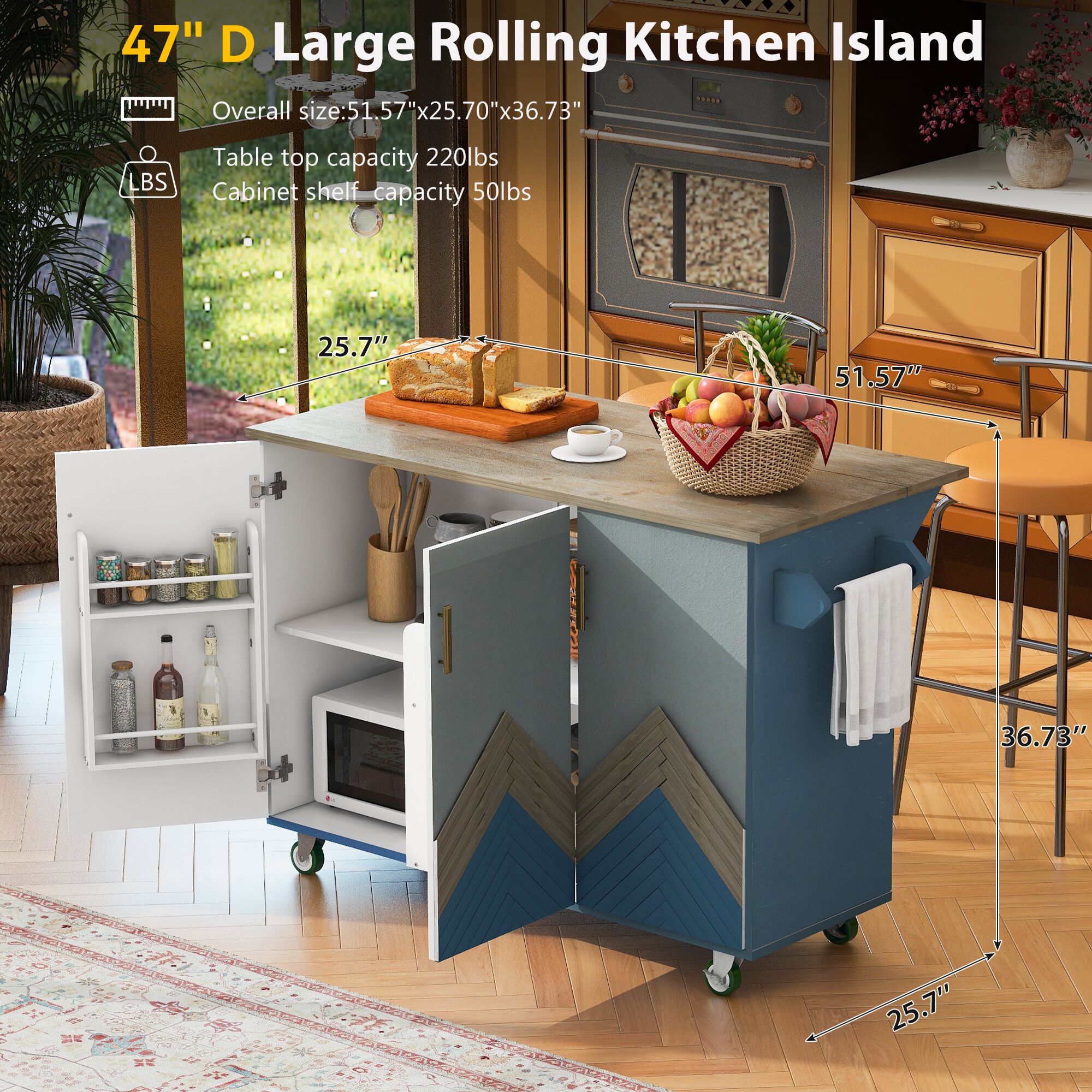 Runesay White Mdf Base with Mdf Wood Top Rolling Kitchen Island (25.7-in x 51.57-in x 36.7-in)