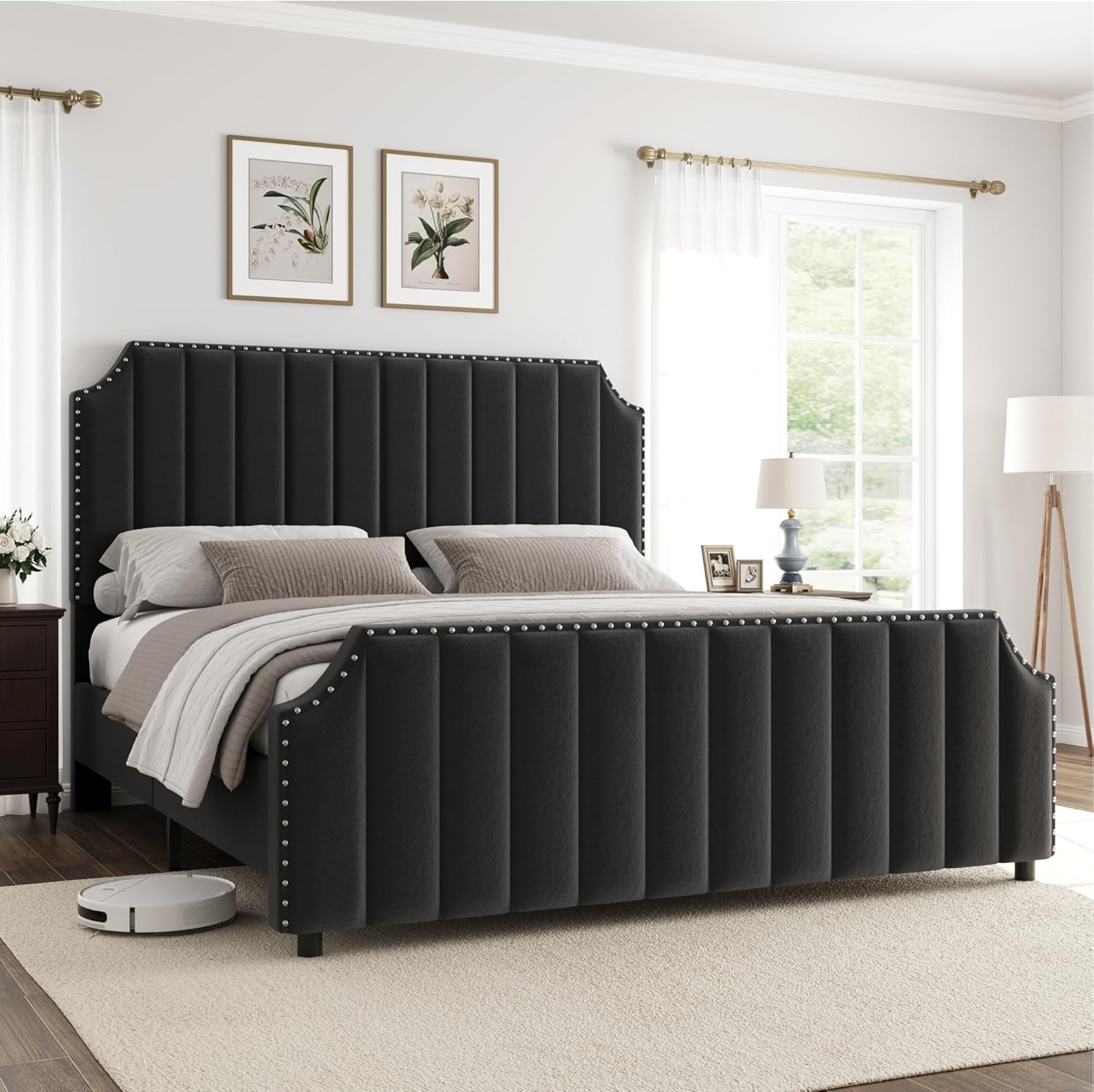 Qeetex LHF-BED-PHO-14Z064EL Queen Size Platform Bed Frame with 50inch Headboard Velvet Upholstered Bed Frame Queen with Vertical Channel Tufted Headboard and Footboard Nailhead Trim No Box Spring Needed Black
