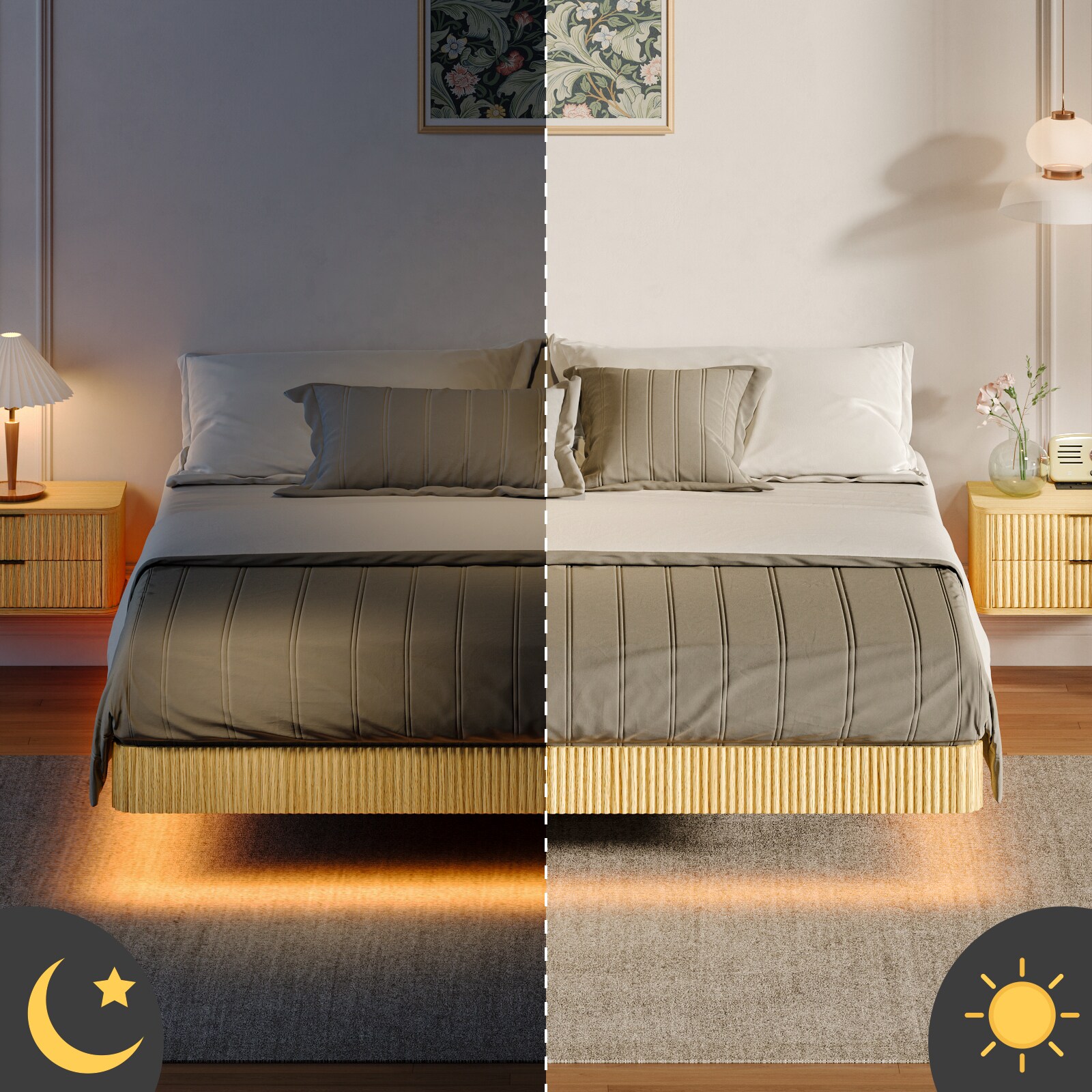 Blisstyle Oak King Floating Bed Frame with LED Lights Wave Curve Wood ...