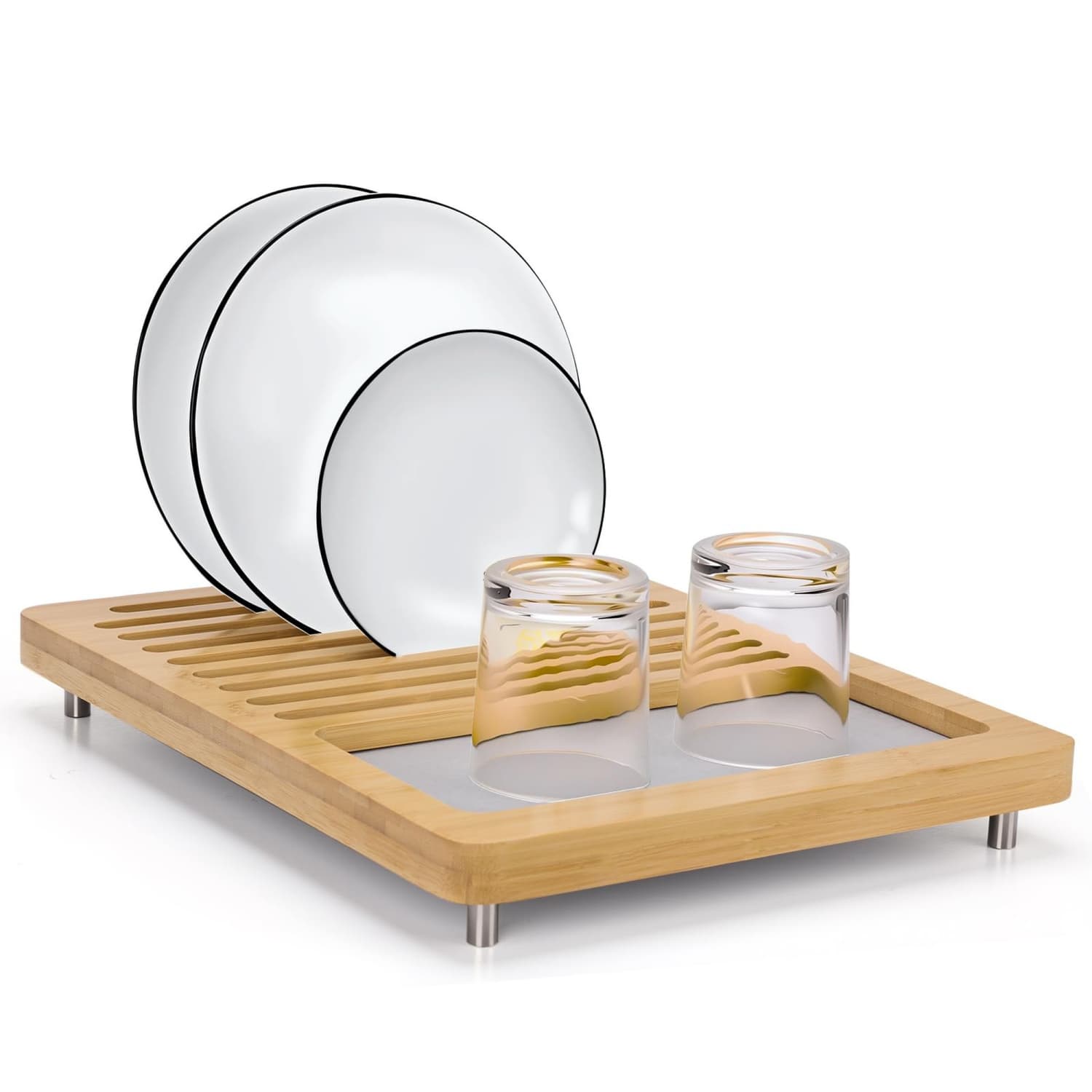 OGETFUUR 15.5x12in Diatomaceous Earth Dish Drying Mat with Bamboo Rack Ultra Absorbent Quick-dry 2-in-1 Space-saving Dish Drying Rack for Kitchen Counter Plates Cups