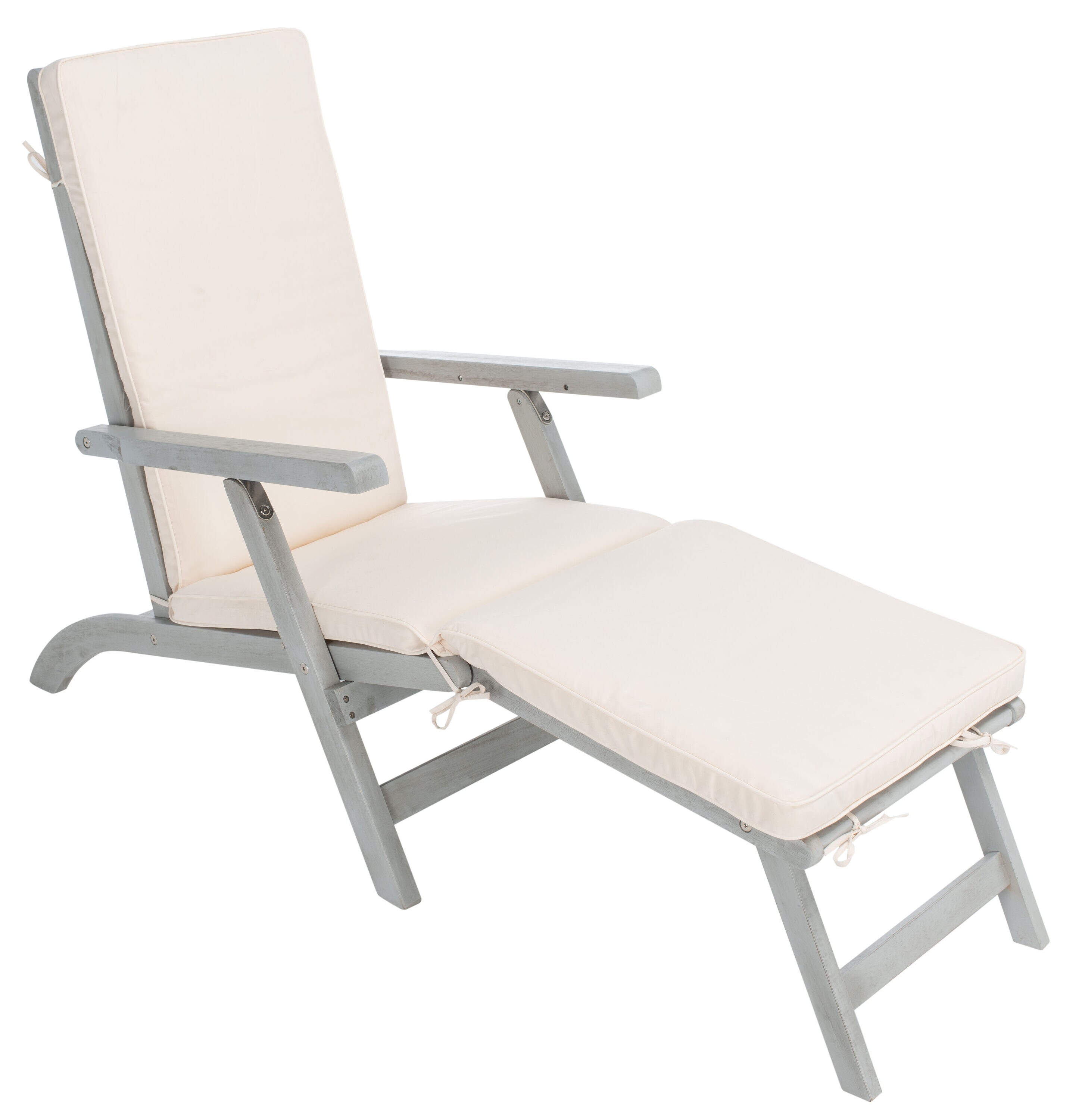 Ocean Liner Inspired 48" Grey Acacia Wood Chaise Lounge with Beige Cushion