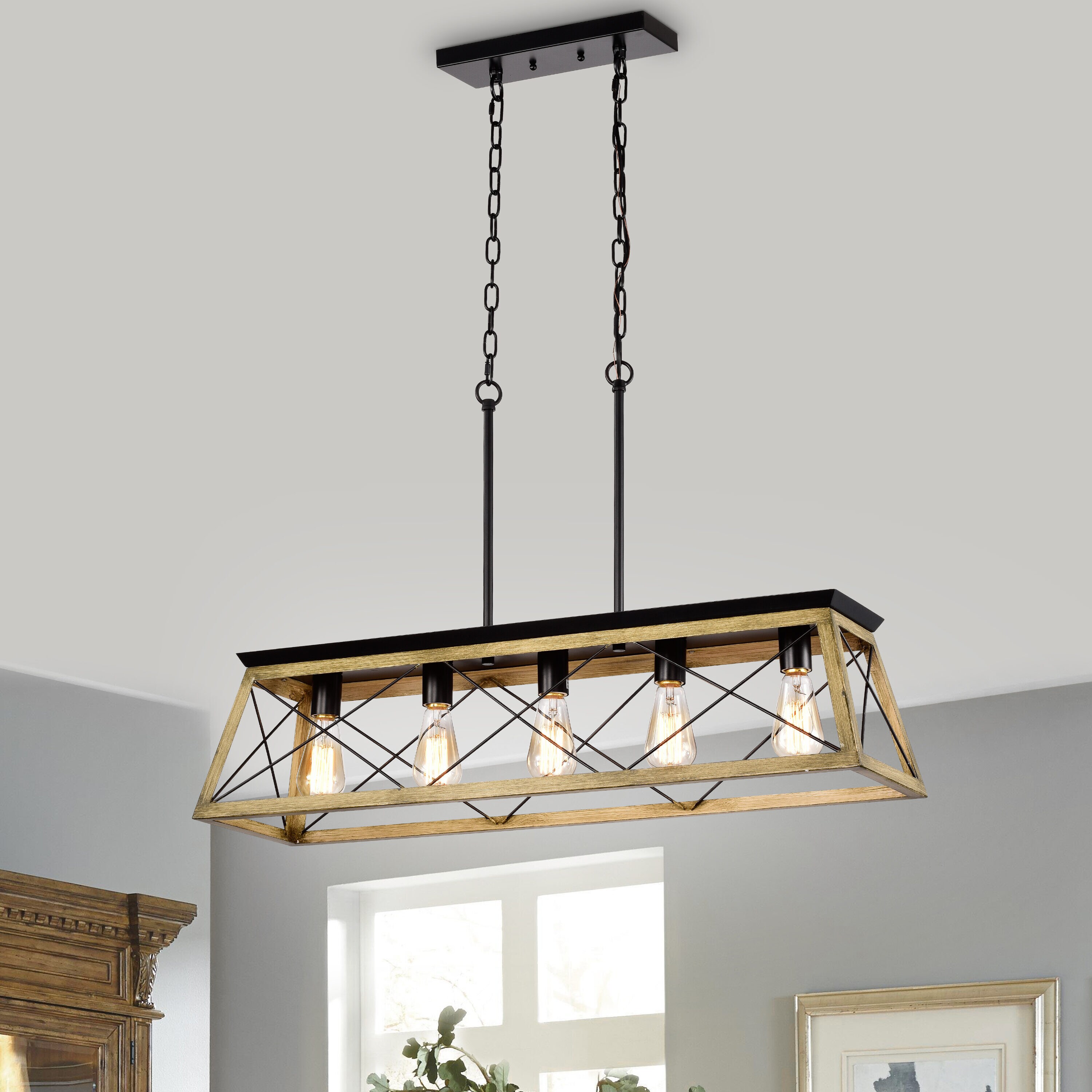 MICSIU 5 Light Wood Grain Linear Kitchen Island Pendant in the ...