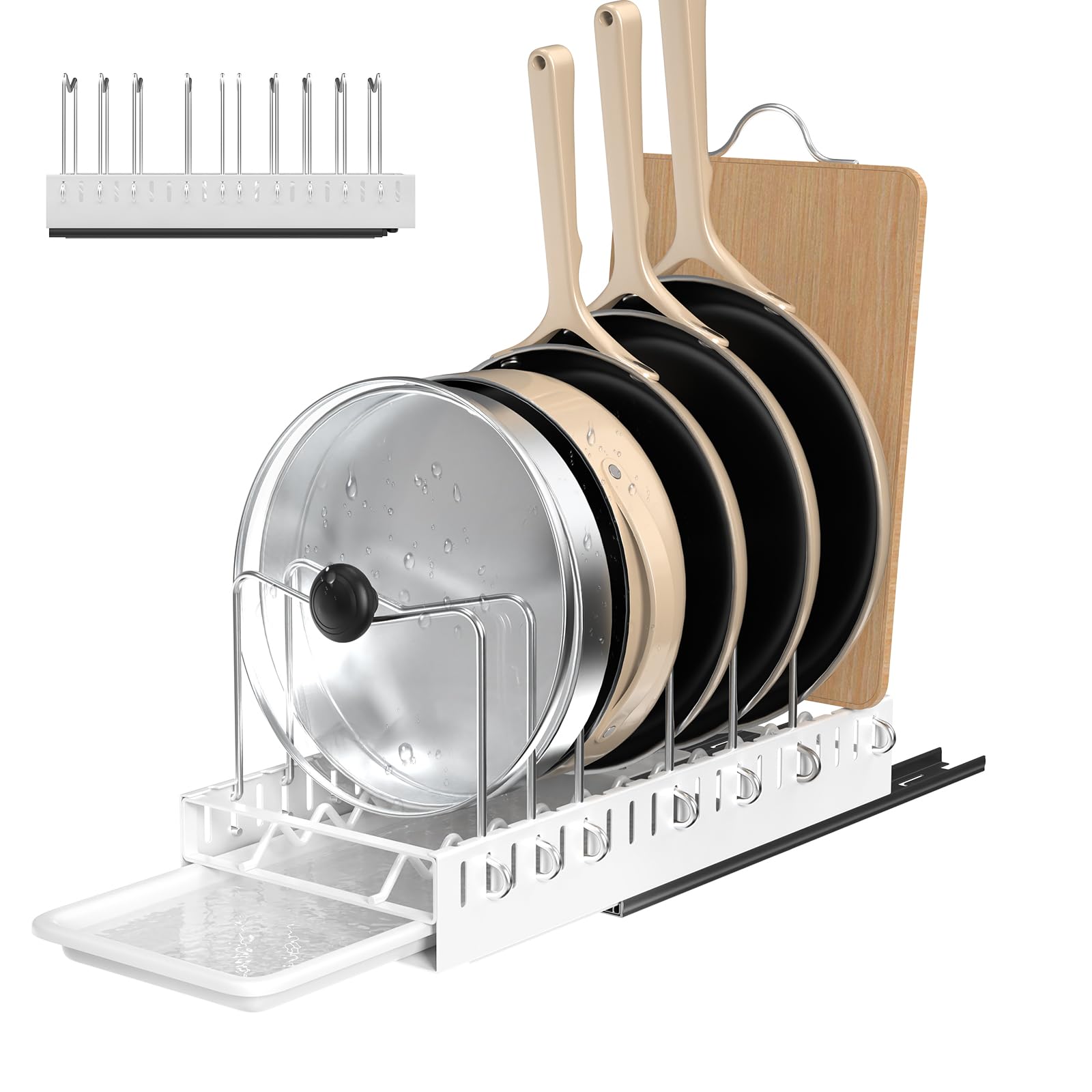 UUDULY  Pull Out Pots and Pans Organizer Under Cabinet with Drain Tray Adjustable 10 Dividers Slide Out Rack for Lids Bakeware Cutting Boards