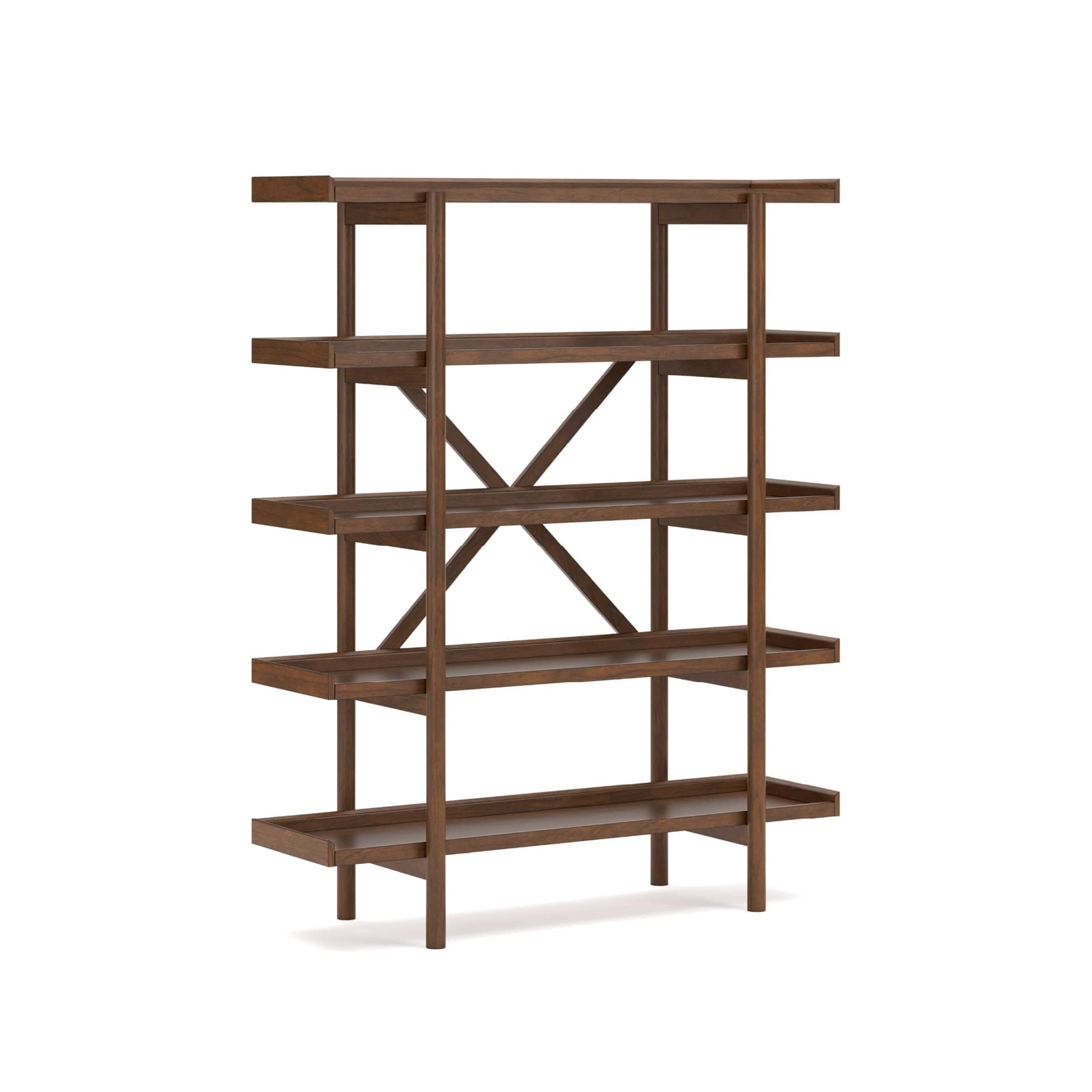 Lyncott 70 Inch Medium Brown Wood Bookcase with Five Fixed Shelves and Round Legs