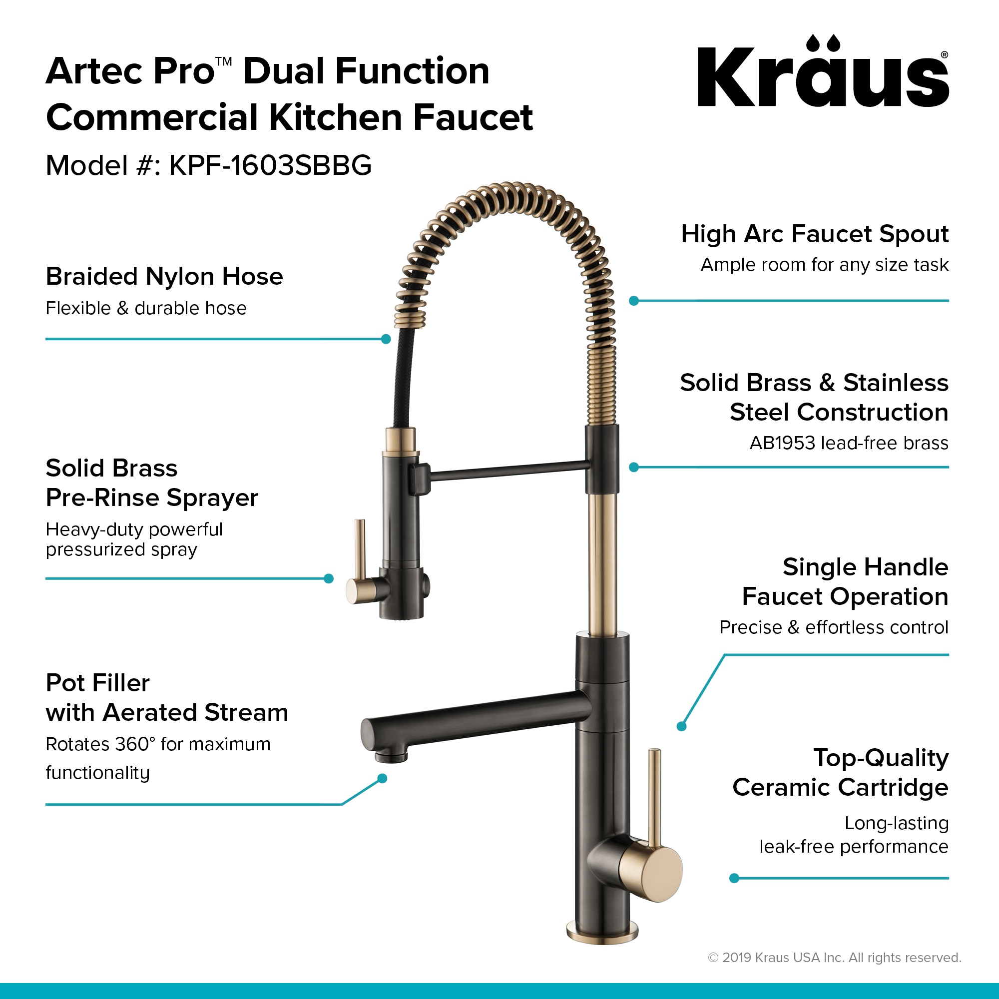 Black Stainless Steel and Brushed Gold Commercial Kitchen Faucet with Pull-Out Spray