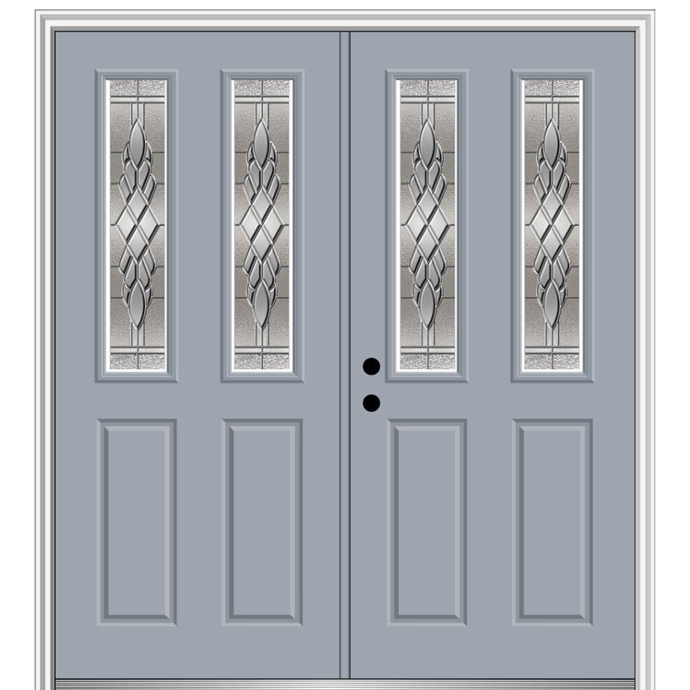 MMI DOOR ZZ366278R 60-in x 80-in x 6-9/16-in Fiberglass Twin lite Right-hand inswing Storm Cloud Painted Prehung Double Front Door with Brickmould Insulating core